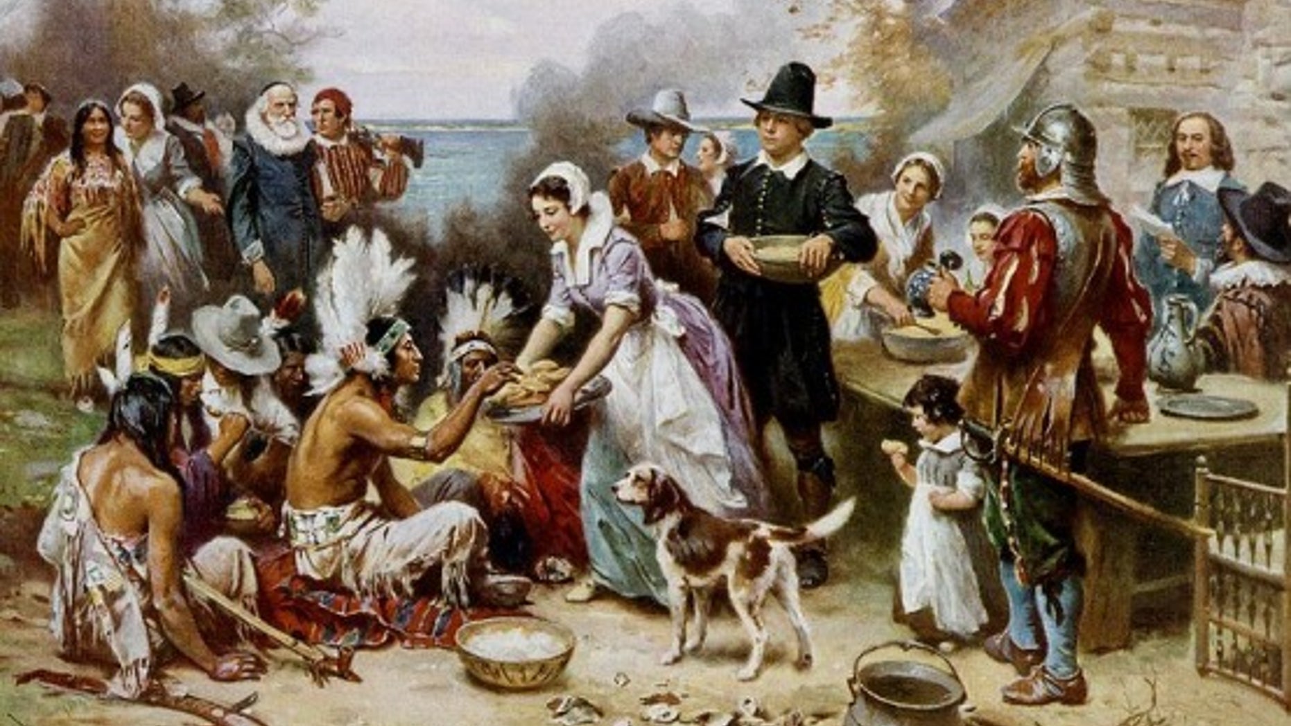 An artistic depiction of the first Thanksgiving feast