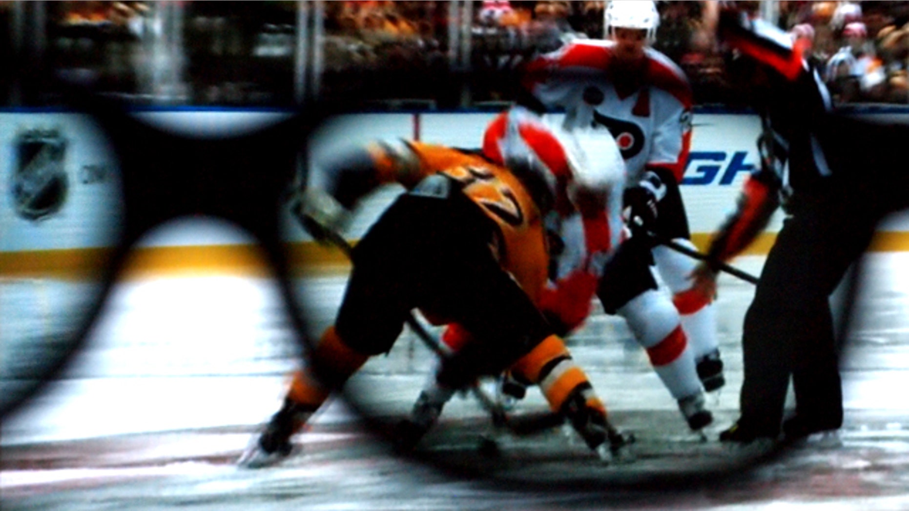 The view through the 3D lens as the "Winter Classic" -- a hockey match from earlier in the year -- is rebroadcast during intermission at Madison Square Garden Wednesday, March 24, 2010.