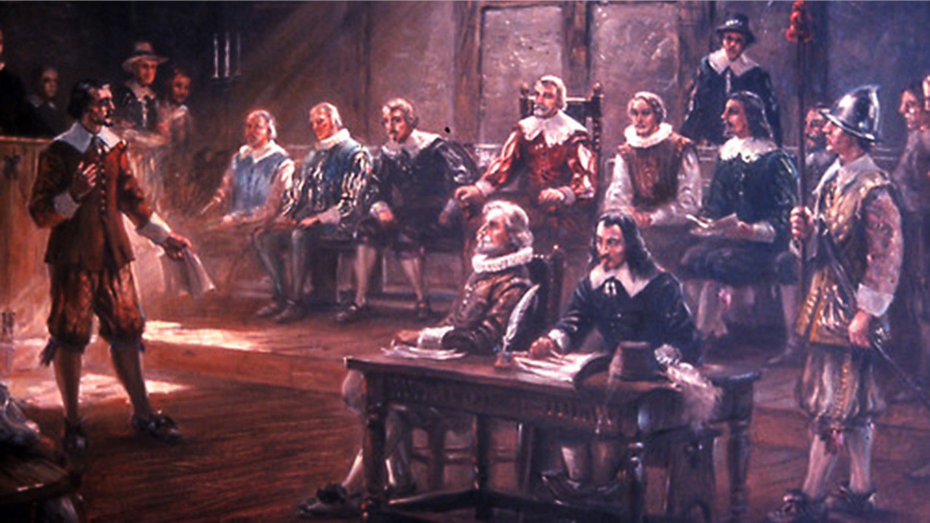 A modern painting by Sidney King (circa 1950s) portraits the first legislative assembly held in English North America.