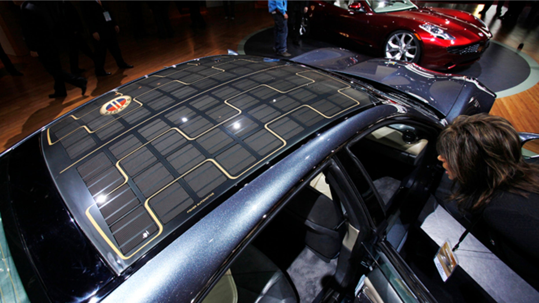 Jan. 13, 2009: A solar roof is seen on a Fisker Karma hybrid electric car during the North American International Auto Show in Detroit, Michigan.