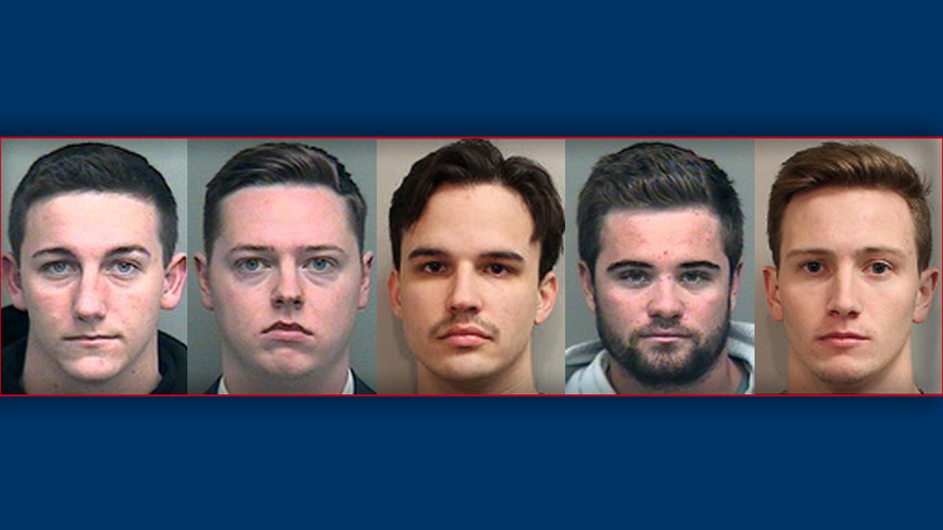 L-R: Kyle Bauer, Brett Birmingham, Christopher Hamlin, Conner Ravelo and John Ray pleaded guilty on Monday in the hazing death of Pi Kappa Phi pledge Andrew Coffey.