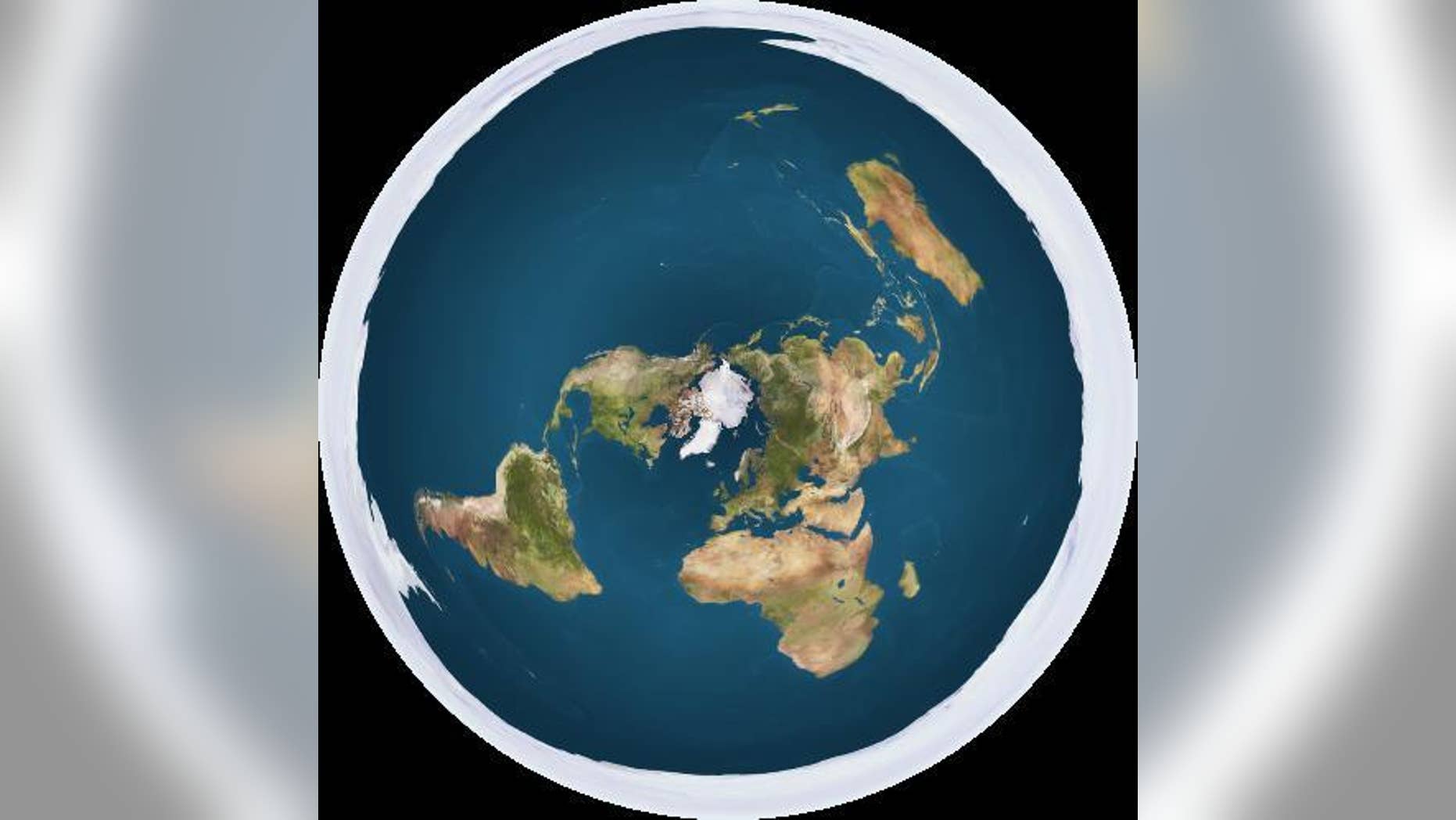 In this depiction of what a flat Earth would look like, Antarctica is represented as a layer of ice surrounding a disc-shaped Earth.