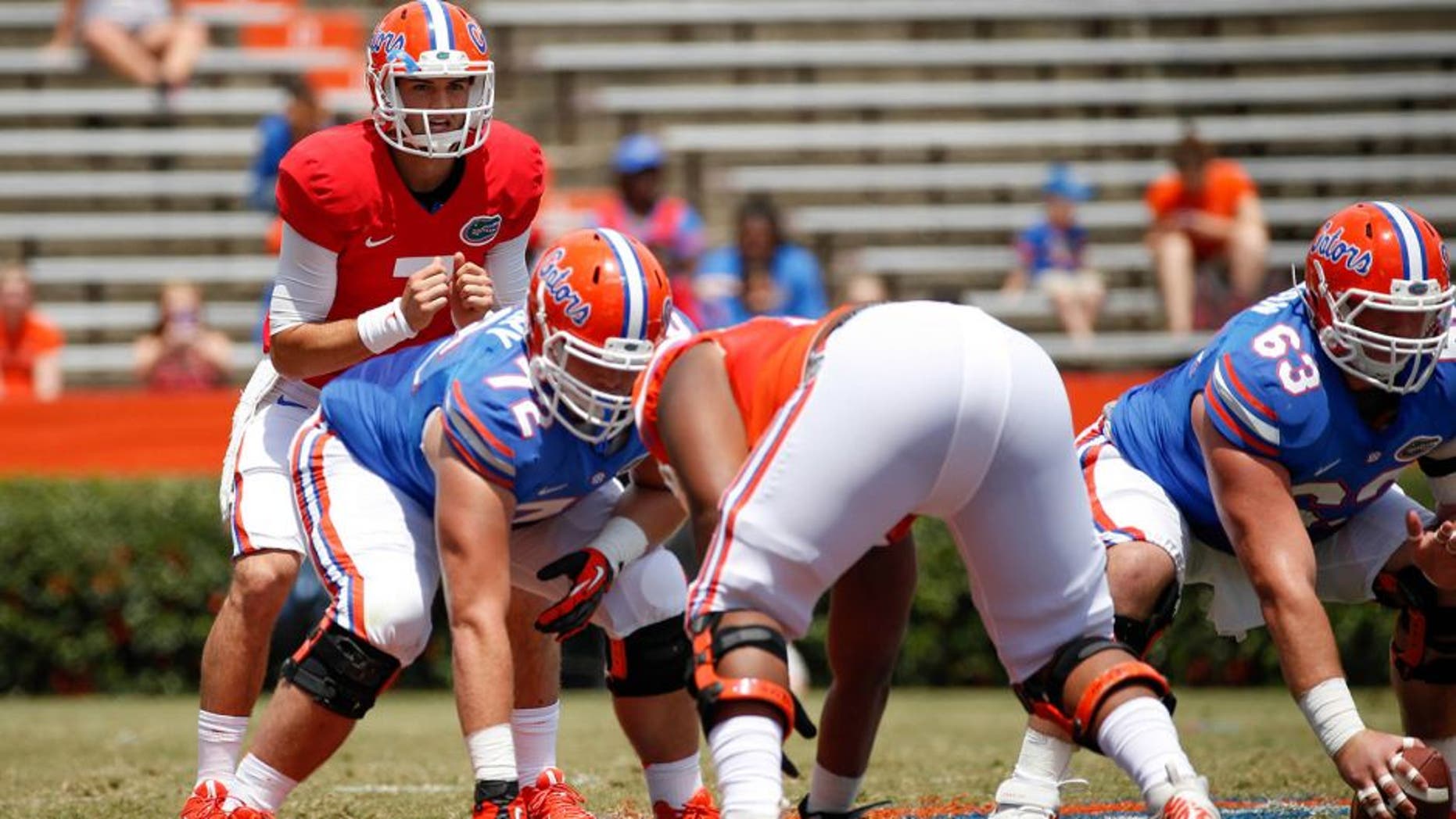 Apr 12, 2014; Gainesville, FL, USA; Florida Gators quarterback Will Grier (7) yells a snap count during the first half of the spring game at Ben Hill Griffin Stadium. Mandatory Credit: Rob Foldy-USA TODAY Sports