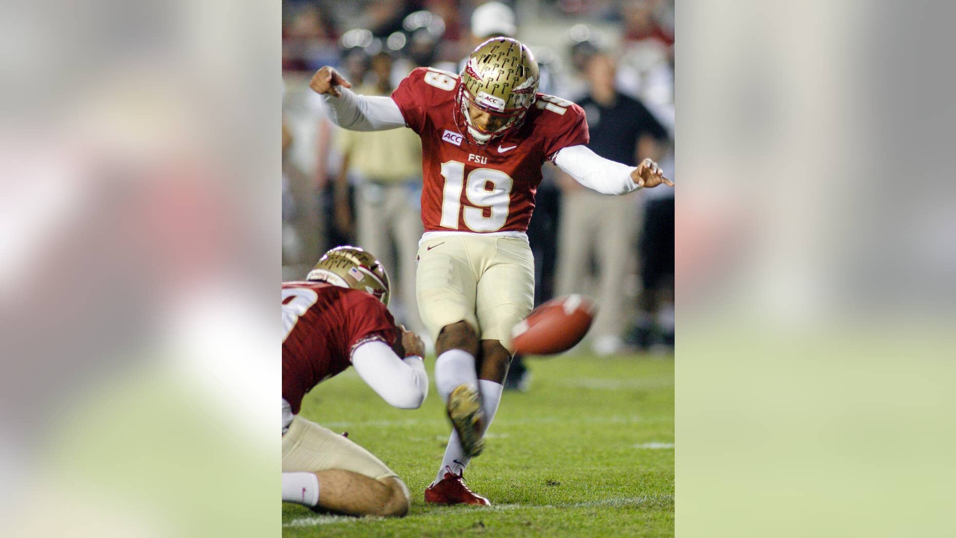 FILE - In this Saturday, Nov. 23, 2013 file photo, Florida State kicker Roberto Aguayo (19) ties an FBC record of 78 consecutive extra points in a season with this extra point in the fourth quarter of an NCAA college football game against Idaho in Tallahassee, Fla. Florida State’s Roberto Aguayo sometimes roots against the Seminoles’ offense. The thoughts aren’t selfish, just part of a mindset that has him poised to become the most accomplished kickers in school history and one of the best ever in college football, Thursday, Sept. 11, 2014. (AP Photo/Phil Sears, File)