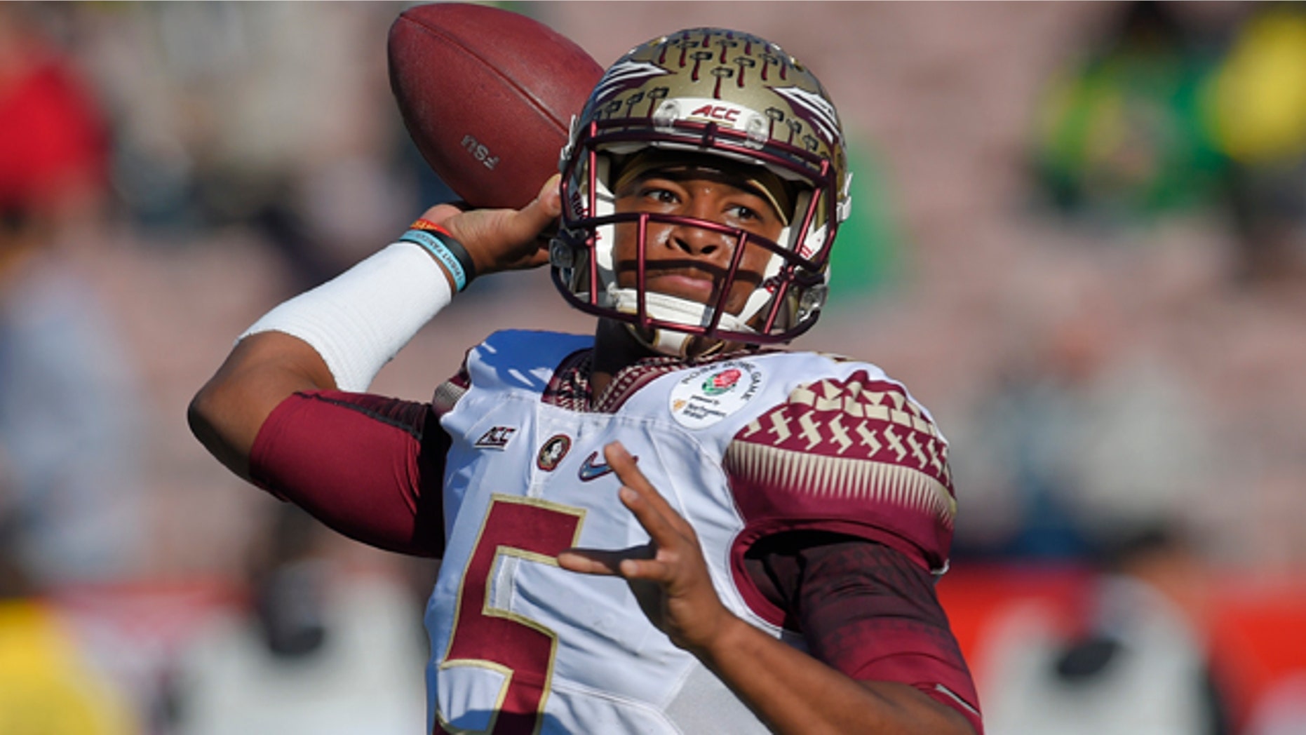 Jan. 1, 2015: Florida State quarterback Jameis Winston passes against Oregon during the first half of the Rose Bowl NCAA college football playoff semifinal, in Pasadena, Calif. (AP Photo/Mark J. Terrill, File)