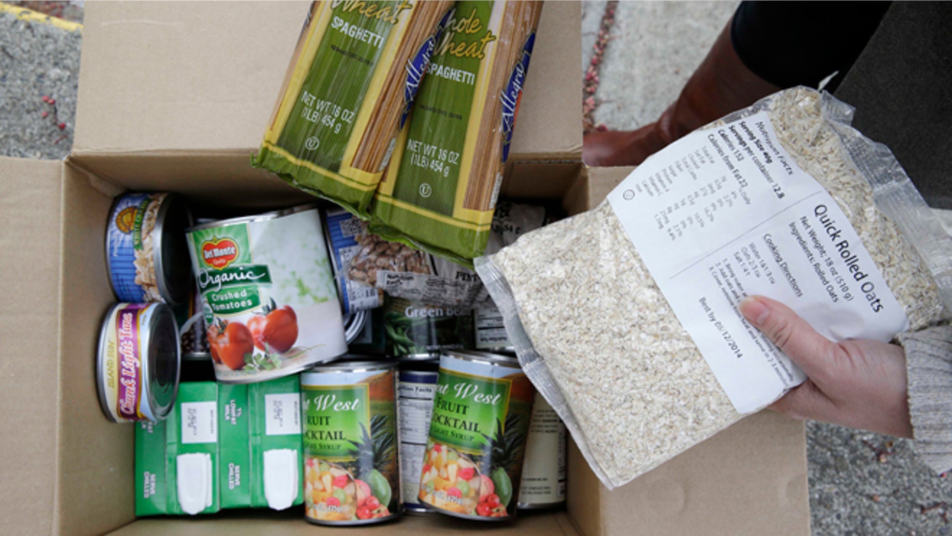 This photo taken Jan. 8, 2014 shows the contents of a specially prepared box of food at a food bank distribution in Petaluma, Calif., part of a research project with Feeding America to try to improve the health of diabetics in food-insecure families. Doctors are warning that the federal government could be socked with a bigger health bill if Congress cuts food stamps _ maybe not immediately, they say, but if the poor wind up in doctors' offices or hospitals as a result. (AP Photo/Eric Risberg)