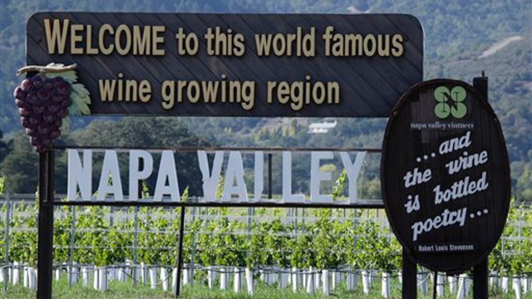 Oct. 27, 2011: A sign along Highway 29 welcomes visitors to the Napa Valley in Oakville, Calif.
