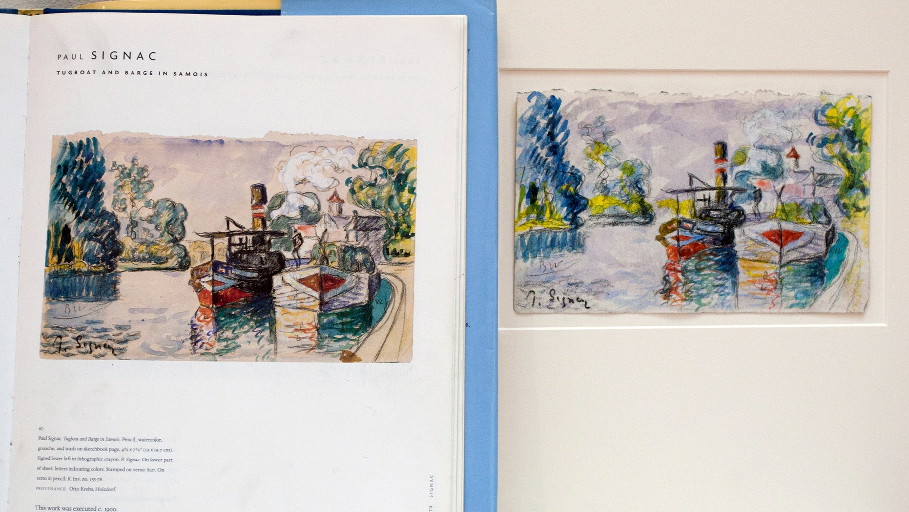 A print in a book shows a work by French painter Paul Signac, left, and the forged version and painted by art forger Mark A. Landis, of Laurel, Miss., right, at the University of Cincinnati in Cincinnati, Ohio on Tuesday, March 27, 2012.