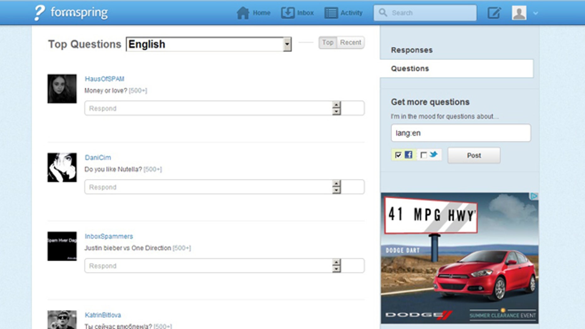 A screen shot of social networking site Formspring, which pioneered the "Ask Me Anything" format of question and answers.