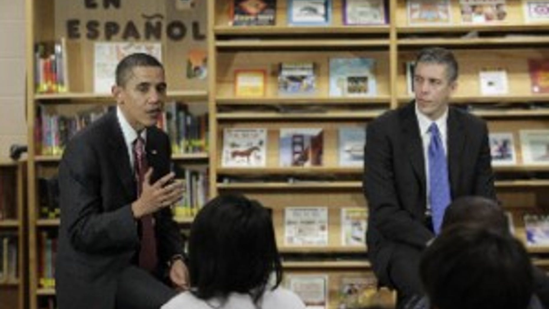 President Obama and Education Secretary Arne Duncan speak to students at Wright Middle School in Madison, WI (AP Photo)