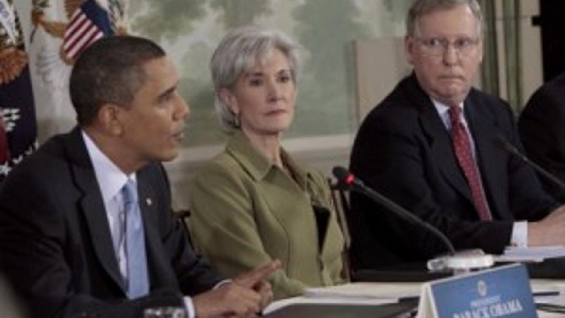 Senate Minority Leader Mitch McConnell (KY), right, and Health and Human Services Secretary Kathleen Sebelius, center, listens to President Obama during a health care reform meeting at the Blair House. (AP Photo)