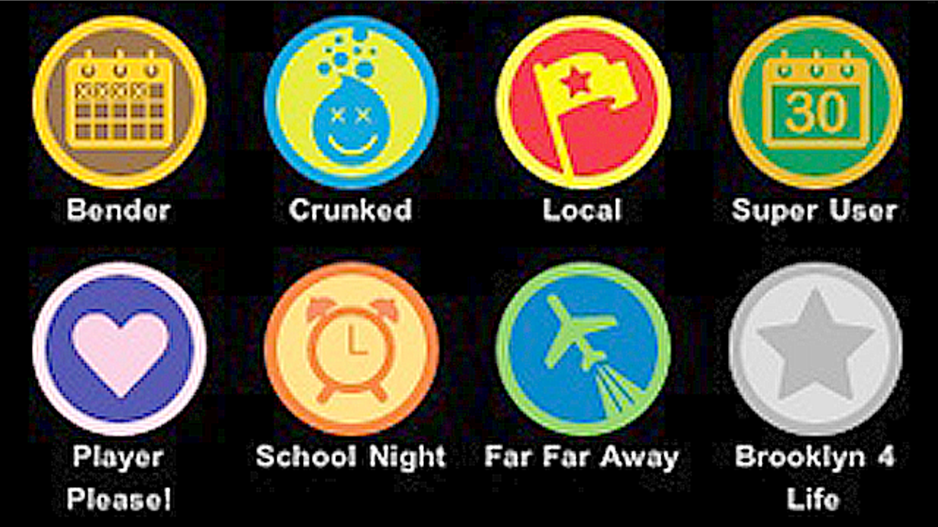 Foursquare users can earn badges such as these ones for visting places or accomplishing events.