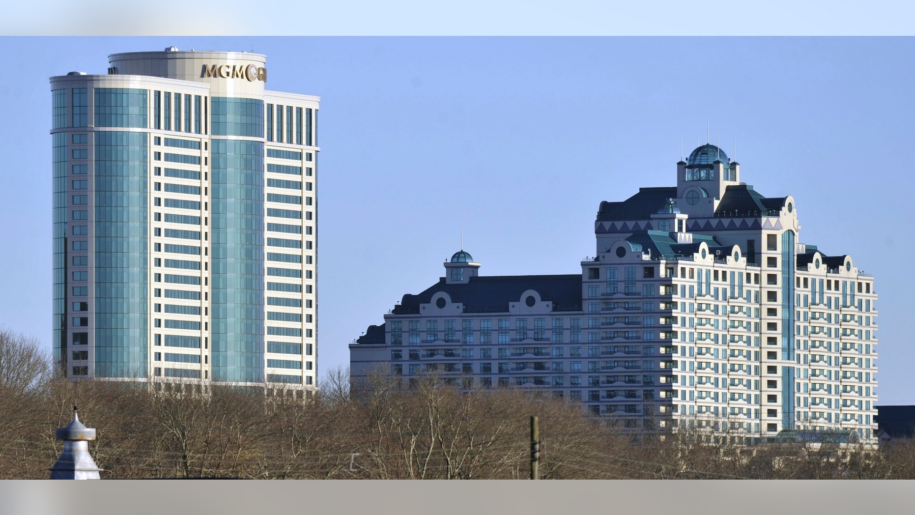 Buildings of the Foxwoods Resorts Casino rise over the landscape in Ledyard, Conn.