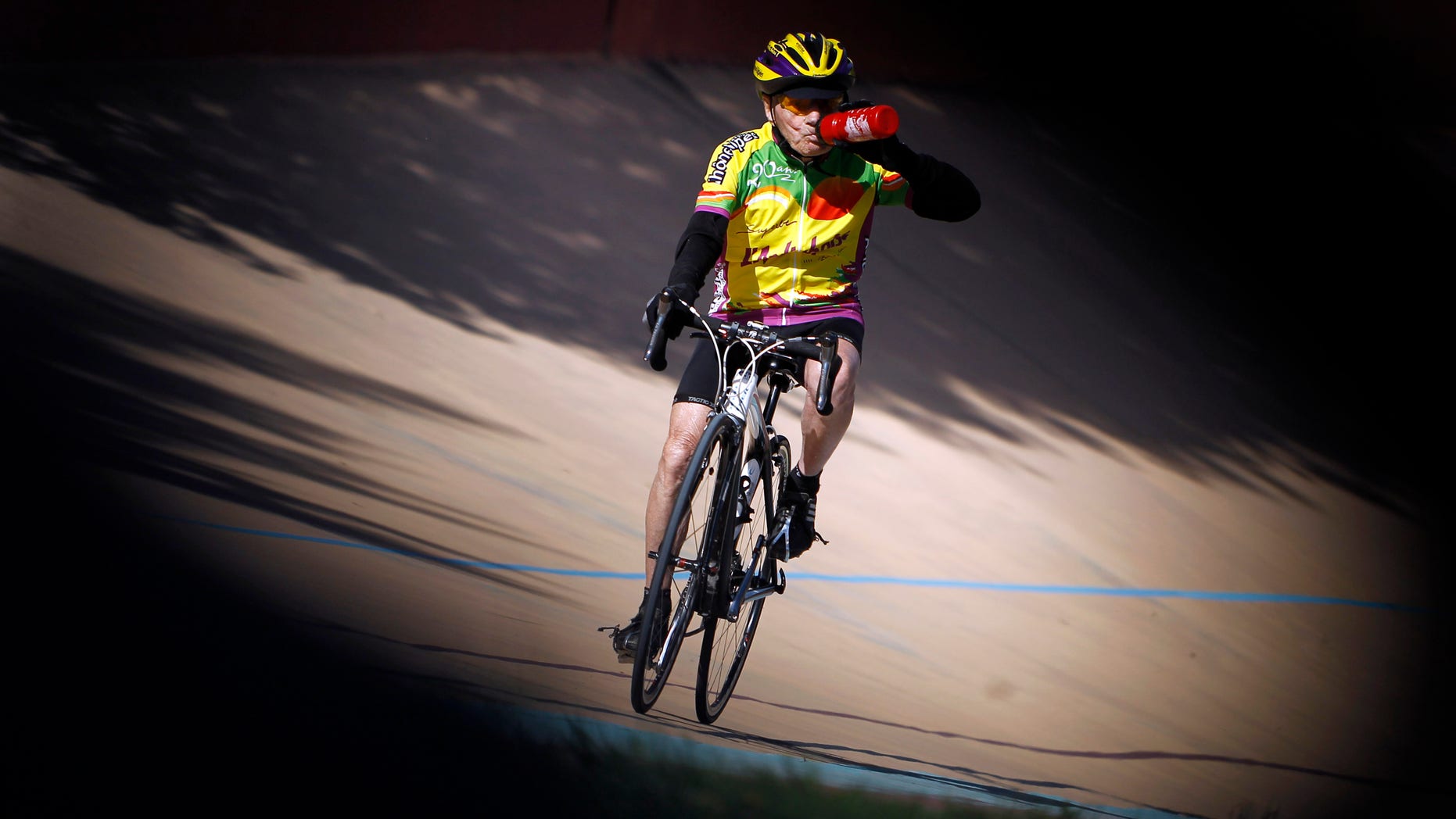 Sept. 28, 2012 - French centenarian Robert Marchand as he attempts to establish a record for the fastest 100-year-old to cover 100km (62 miles,) at the outdoor Velodrome track of Lyon, central France.