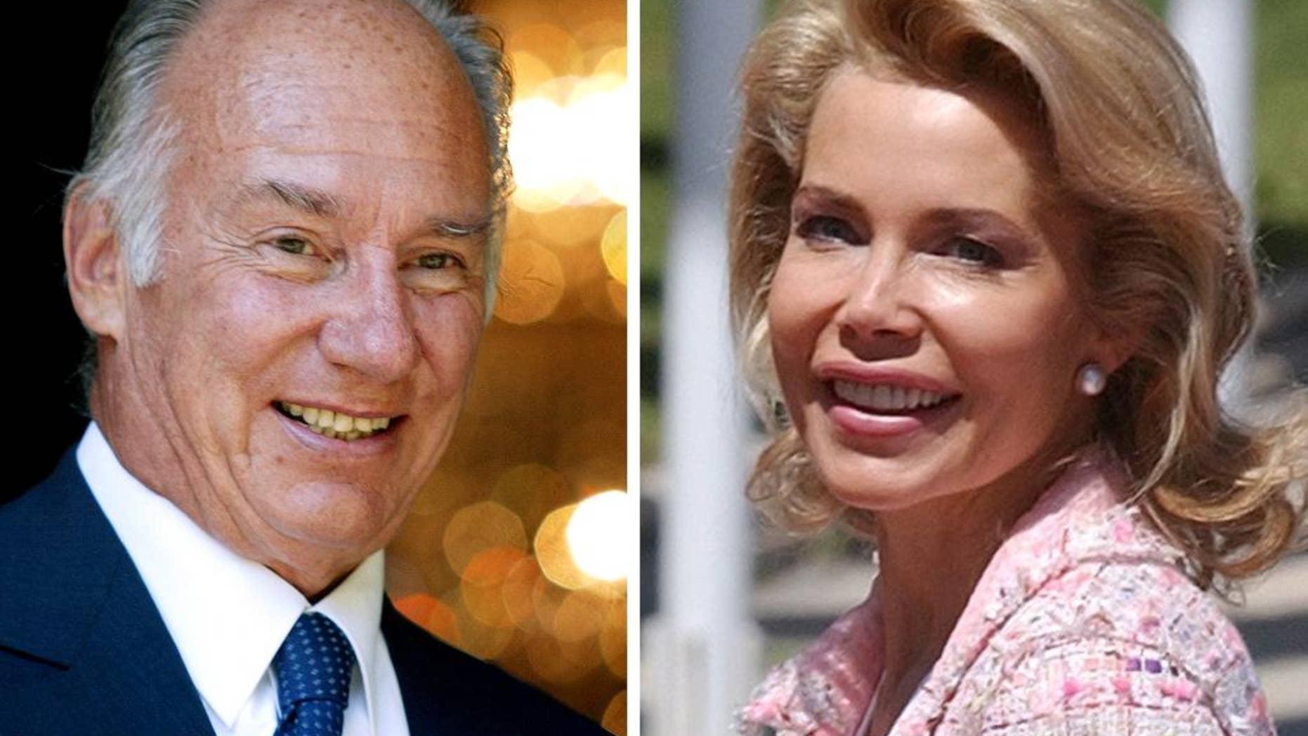 FILE - In this photo combo are seen the Aga Khan, imam of the Ismaili Muslim community, on Sept. 6, 2004 in Berlin and his then wife Begum Inaara Aga Khan on May, 20,2004 in Madrid. Lawyers for the Aga Khan and his ex-wife Princess Gabriele Renate Inaara Zu Leiningen released a statement Friday March 14, 2014 saying their marriage “ends by consent” after the Paris Court of Appeals approved a divorce settlement. The lawyers would not provide any further detail, saying terms of the settlement are confidential. The two married in 1998, and started divorce proceedings several years later after having a son. (AP Photo/Jan Bauer, Paul White, File)