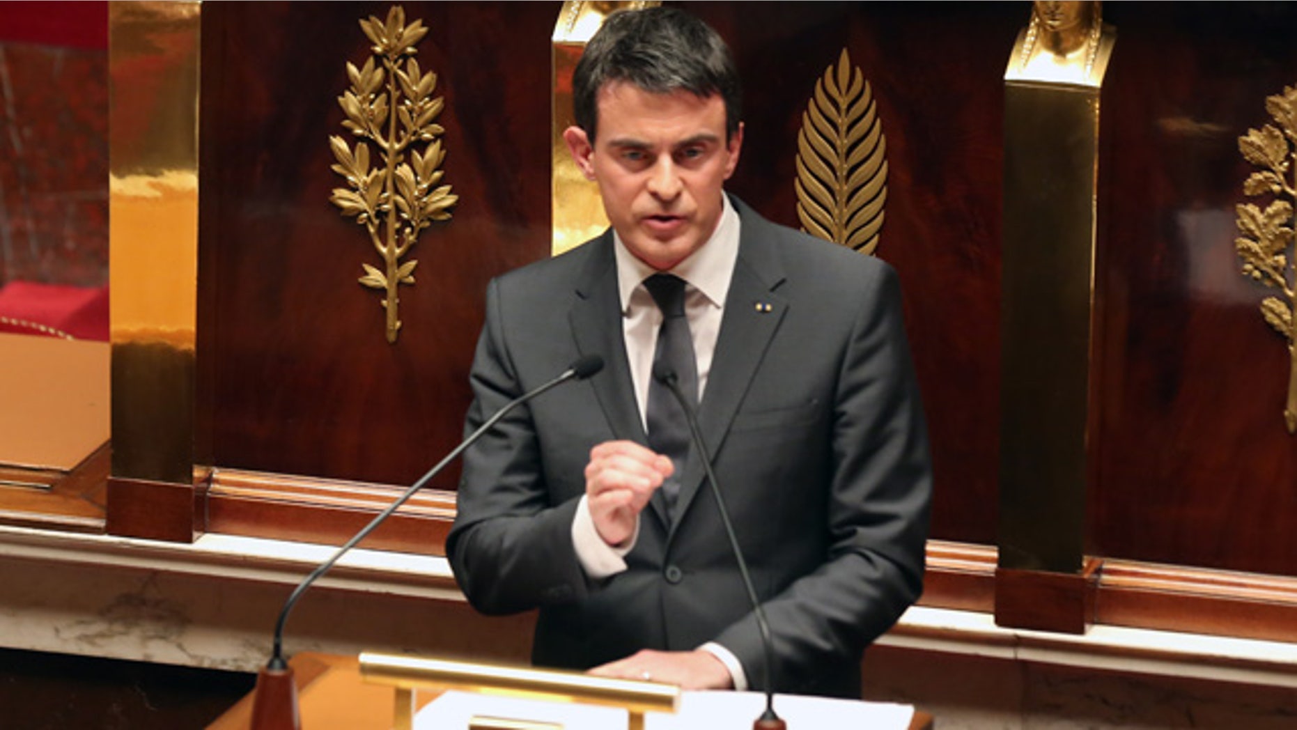 Jan. 13, 2015: French prime minister Manuel Valls delivers his speech during a homage to the 17 victims of last week's terrorist attacks in Paris. (AP Photo/Remy de la Mauviniere)