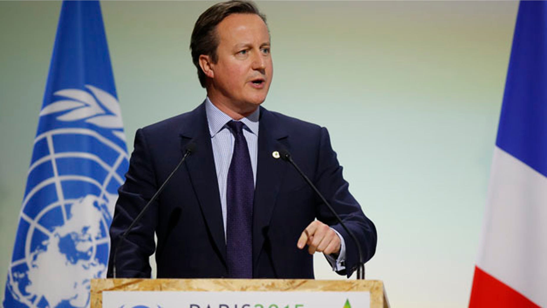 Nov. 30, 2015: British Prime Minister David Cameron addresses world leaders at the COP21 United Nations Climate Change Conference in Le Bourget, outside Paris. (AP Photo/Michel Euler)