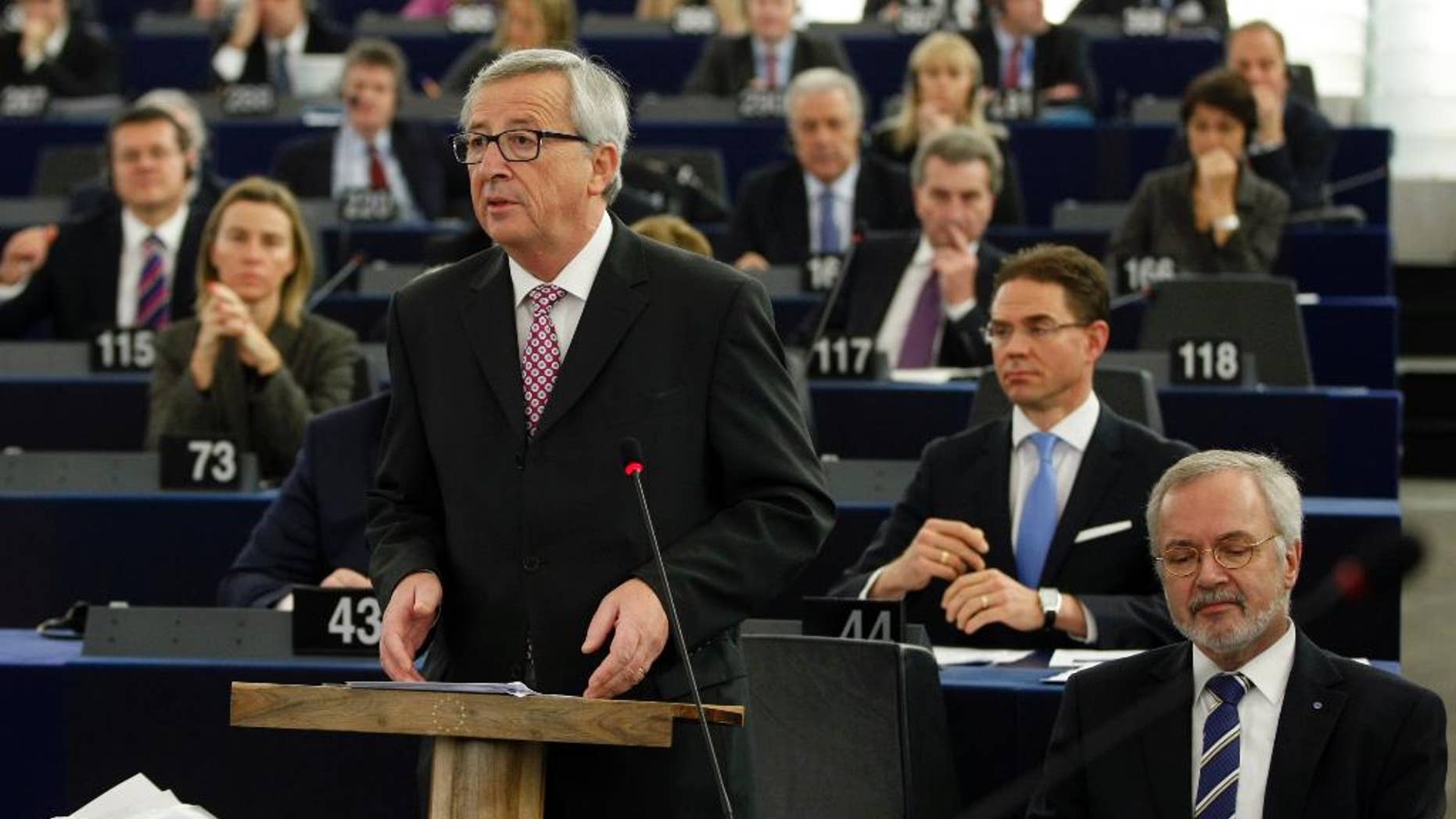 President of the European Commission Jean-Claude Juncker delivers his statement on growth, jobs and investment package for Europe, Wednesday Nov 26, 2014 at the European Parliament in Strasbourg, eastern France. (AP Photo/Christian Lutz)