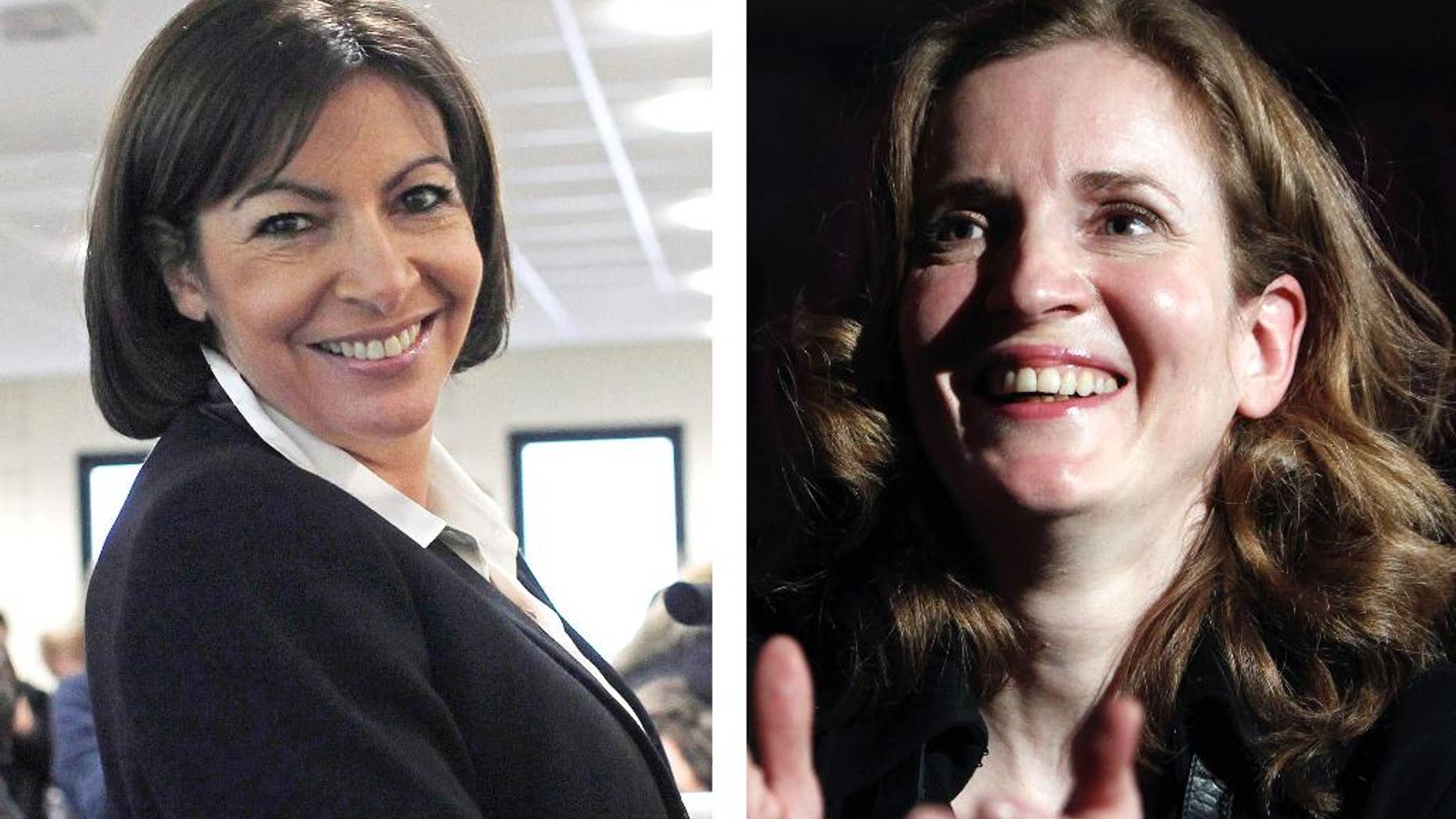 FILE - In these Jan. 27, 2014 file photos, Anne Hidalgo, left, and Nathalie Kosciusko-Morizet are pictured during a campaign rally in Paris. Two women are at war to be the new face of Paris, vying to mark the first time in this city’s long history that the mayor won’t be a Monsieur. The discreet, hard-working Socialist Anne Hidalgo is the favorite to win municipal elections that start Sunday, which would keep this leading tourist destination in leftist hands. Kosciusko-Morizet, 40, is a former environment minister under Sarkozy’s government, largely considered as one of the rising star of the conservative UMP party. (AP Photo/Thibault Camus, File)