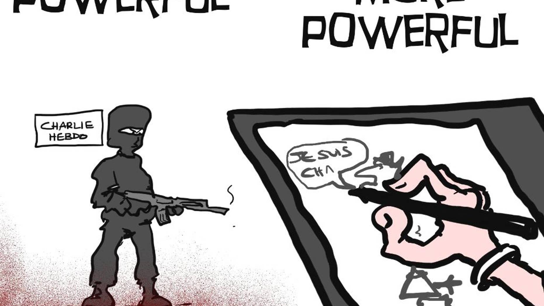 A cartoon tribute drawn by MacLeod was released in solidarity with those killed in an attack at the Paris offices of the weekly newspaper Charlie Hebdo after masked gunmen stormed their offices on Wednesday, Jan. 7, 2015. As if to prove that pens are mightier than swords, cartoonists around the world reacted to the cold-bloodied assassination of their colleagues at French satirical magazine Charlie Hebdo as only they can: with powerful drawings worth a thousand words. Defiant, angry, poignant, irreverent and sobering, their drawings united cartoonists in grief, tried to make sense of the nonsensical, and sent a shared message: We must not, will not and should not be silenced. Some drawings made one want to both laugh and cry. (AP Photo/MacLeod Cartoons)