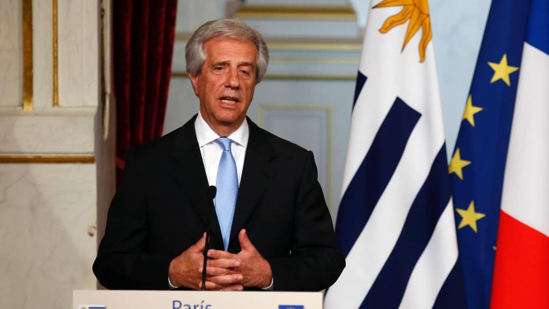 Uruguay's President Tabare Vazquez delivers his speech during a press conference with French President Francois Hollande at the Elysee Palace in Paris, Wednesday, Oct, 28, 2015. (AP Photo/Francois Mori)