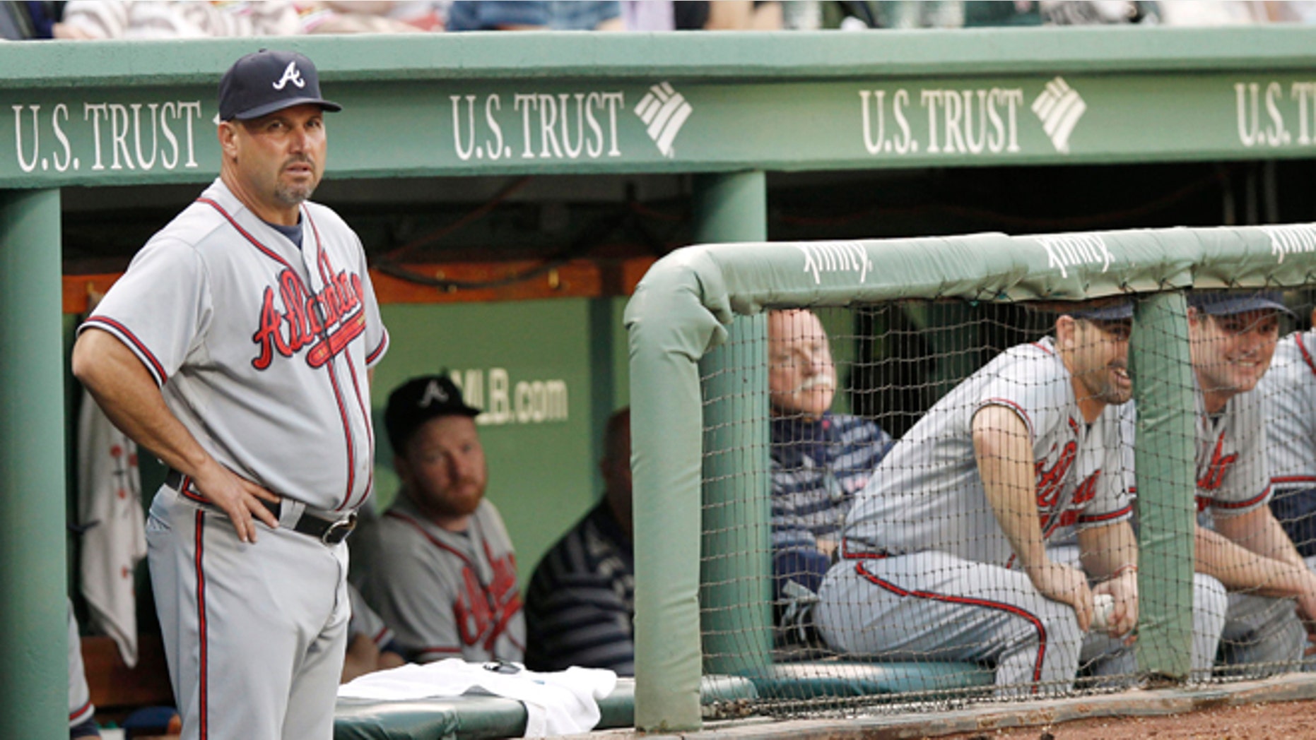 BOSTON, MA - JUNE 23: Manager Fredi Gonzalez #33 of the Atlanta Braves looks on from the dugout during the second inning of the interleague game against the Boston Red Sox at Fenway Park on June 23, 2012 in Boston, Massachusetts. (Photo by Winslow Townson/Getty Images)