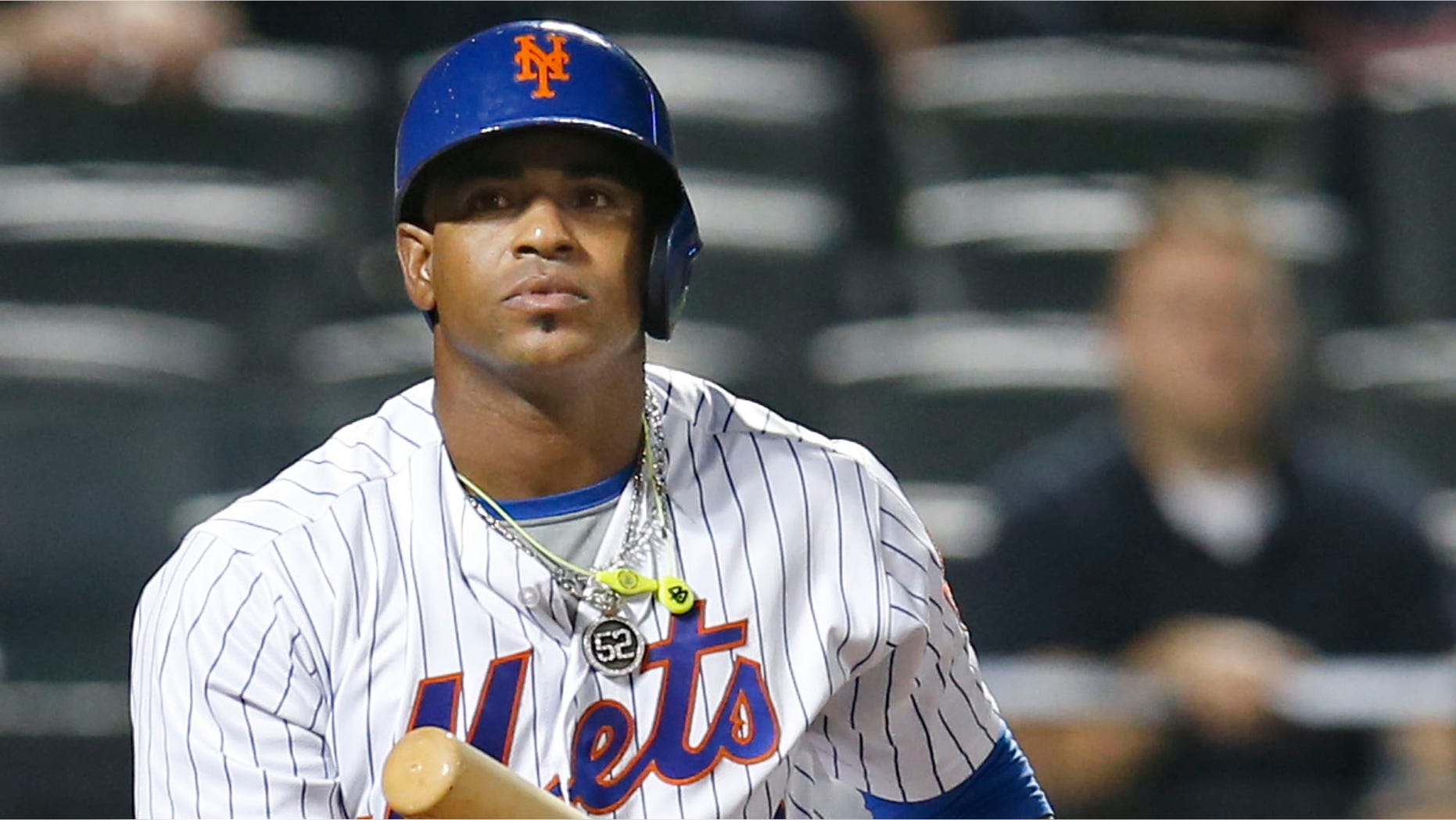 FILE - In this Sept. 20, 2016, file photo, New York Mets' Yoenis Cespedes reacts after striking out swinging for the final out in the Mets' 5-4 loss to the Atlanta Braves in a baseball game in New York. Cespdes is expected to opt out of the remainder of his contract, which would pay $47.5 million over two seasons, and become a free agent again. (AP Photo/Kathy Willens, File)