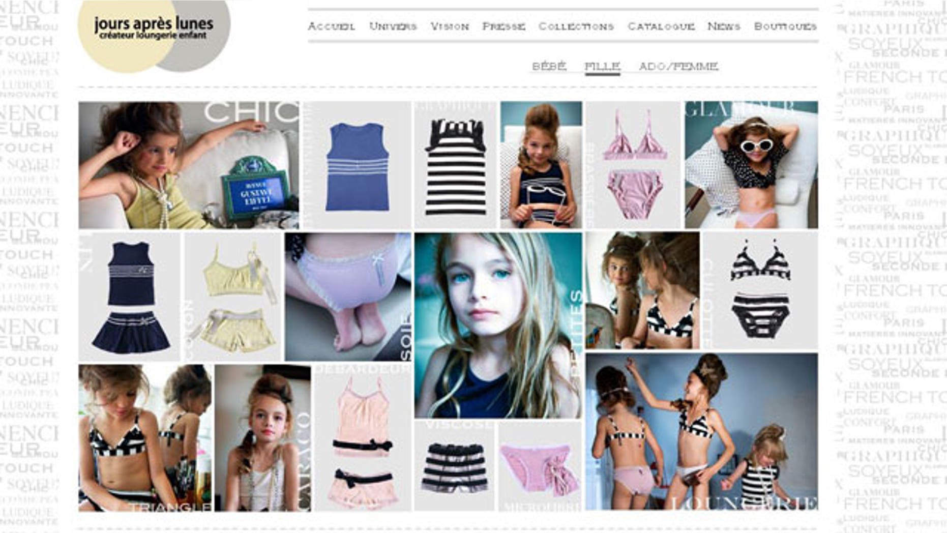 A screen grab from www.jours-apres-lunes.com shows children styled as adults in underwear.