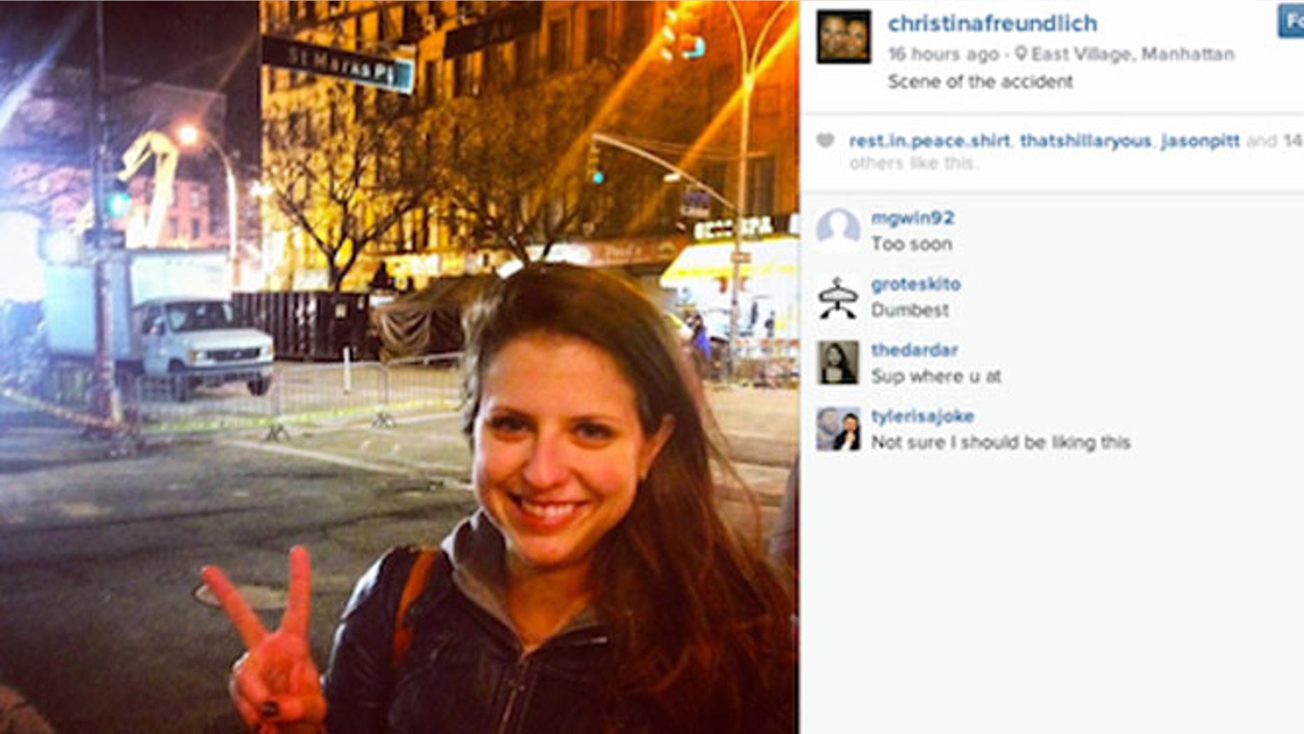 Christina Freundlich poses near East Village explosion site, via Instagram.