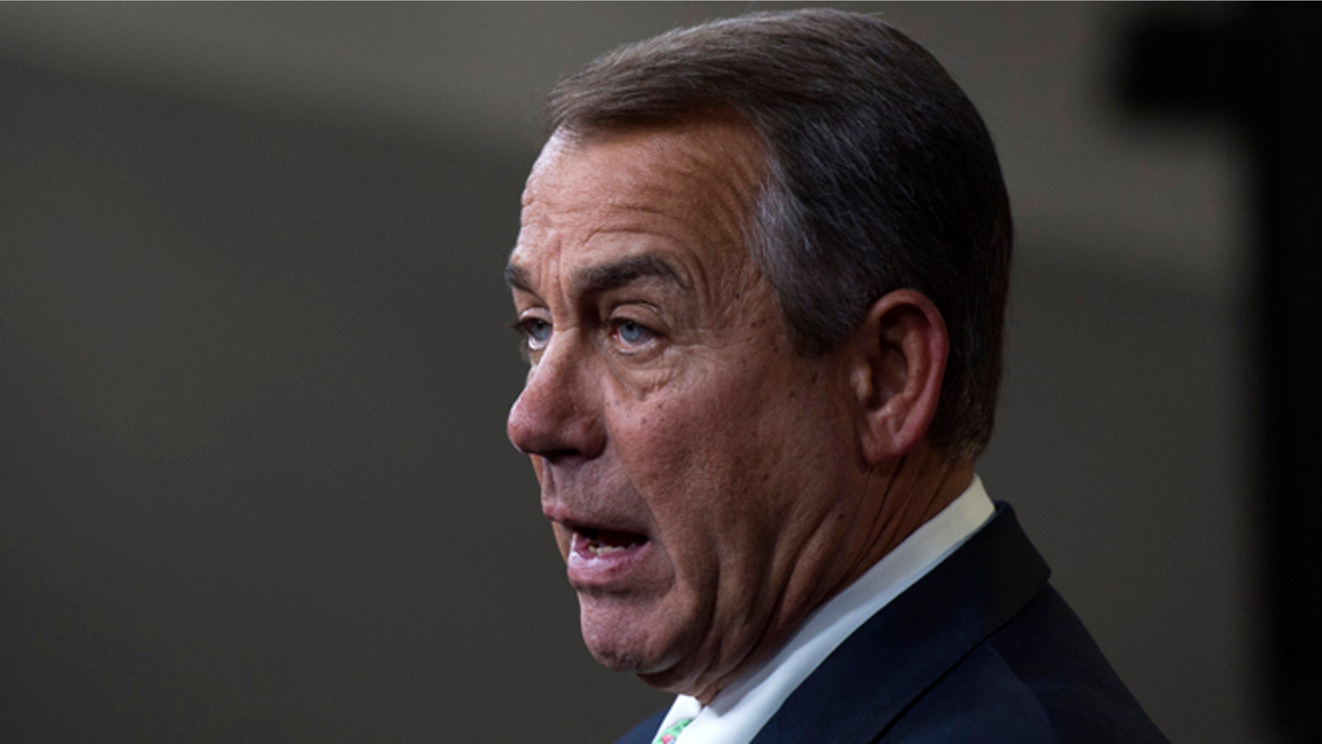 House Speaker John Boehner of Ohio speaks during a news conference on Capitol Hill in Washington, Thursday, Feb. 12, 2015. Boehner refused to rule out a potential shutdown at the Department of Homeland Security because of a congressional impasse over funding. (AP Photo/Molly Riley)
