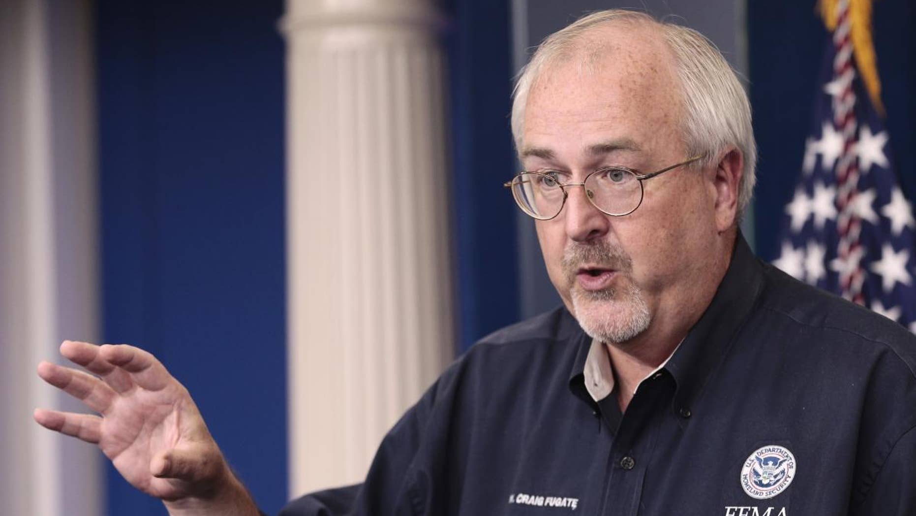 FEMA Administrator Craig Fugate gestures during the daily news briefing at the White House in Washington, Monday, Aug., 29, 2011. (AP Photo/Pablo Martinez Monsivais)