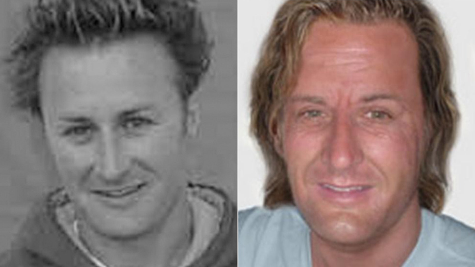 This combination photo shows Jason Brown, left, and an age-enhanced photo.