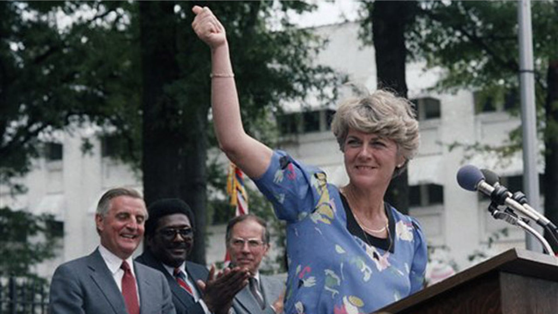 FILE - In this Wednesday, Aug. 1, 1984 file picture, Democratic vice presidential candidate Geraldine Ferraro gives the thumbs-up sign to a crowd of supporters in downtown Jackson, Miss. as Walter Mondale and Ferraro kicked off their 1984 campaign in this Southern city. Behind Ferraro are Mondale, state Rep. Robert Clark and former Gov. William Winter.