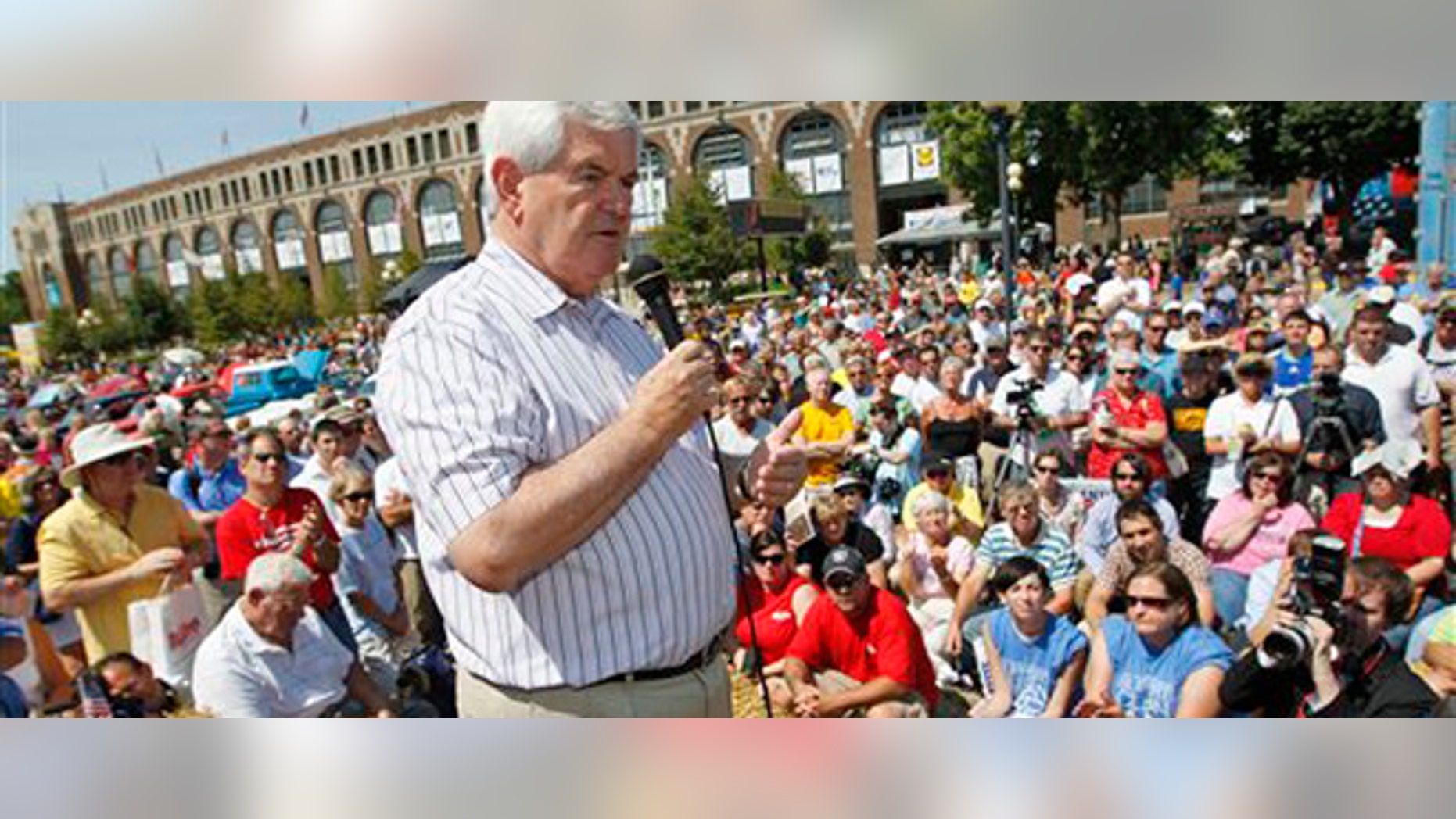 FILE - In this Aug. 12, 2011 file photo, Republican presidential candidate, former House Speaker Newt Gingrich campaigns at the Iowa State Fair in Des Moines, Iowa. Iowa's presidential caucuses are any Republican candidate's to win. Just two months before the GOP nomination voting begins, Iowa Republicans aren't surging toward former Massachusetts Gov. Mitt Romney even though he's essentially been running for president since losing here in 2008. And, this time, none of his opponents has emerged as the consensus candidate of conservatives _ and, thus, Romney's chief challenger _ the way Mike Huckabee did four years ago. (AP Photo/Charles Dharapak, File)
