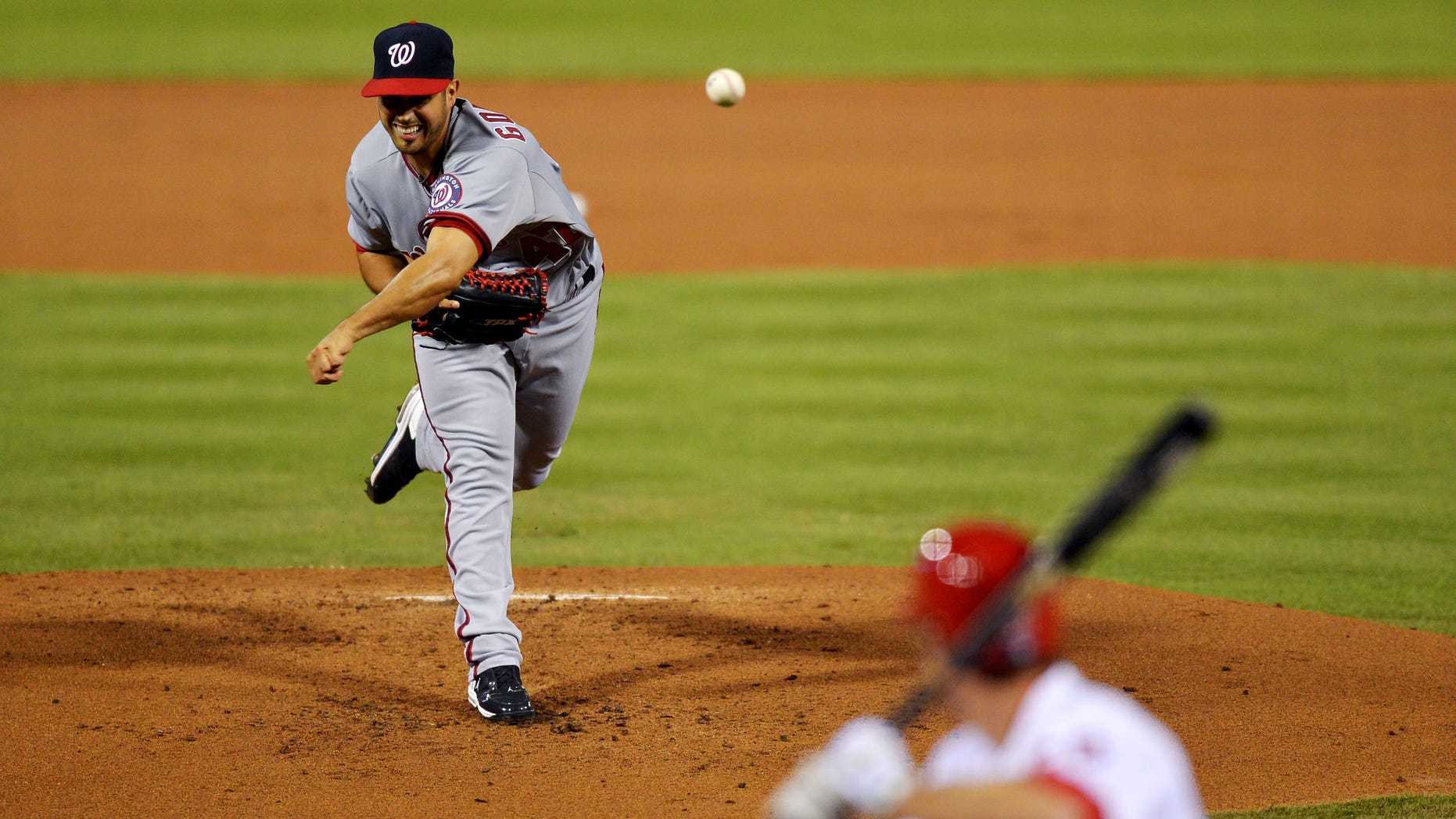 Sept.27, 2012: Starting pitcher Gio Gonzalez #47 of the Washington Nationals delivers a pitch to Chase Utley #26 of the Philadelphia Phillies at Citizens Bank Park in Philadelphia, Pa.
