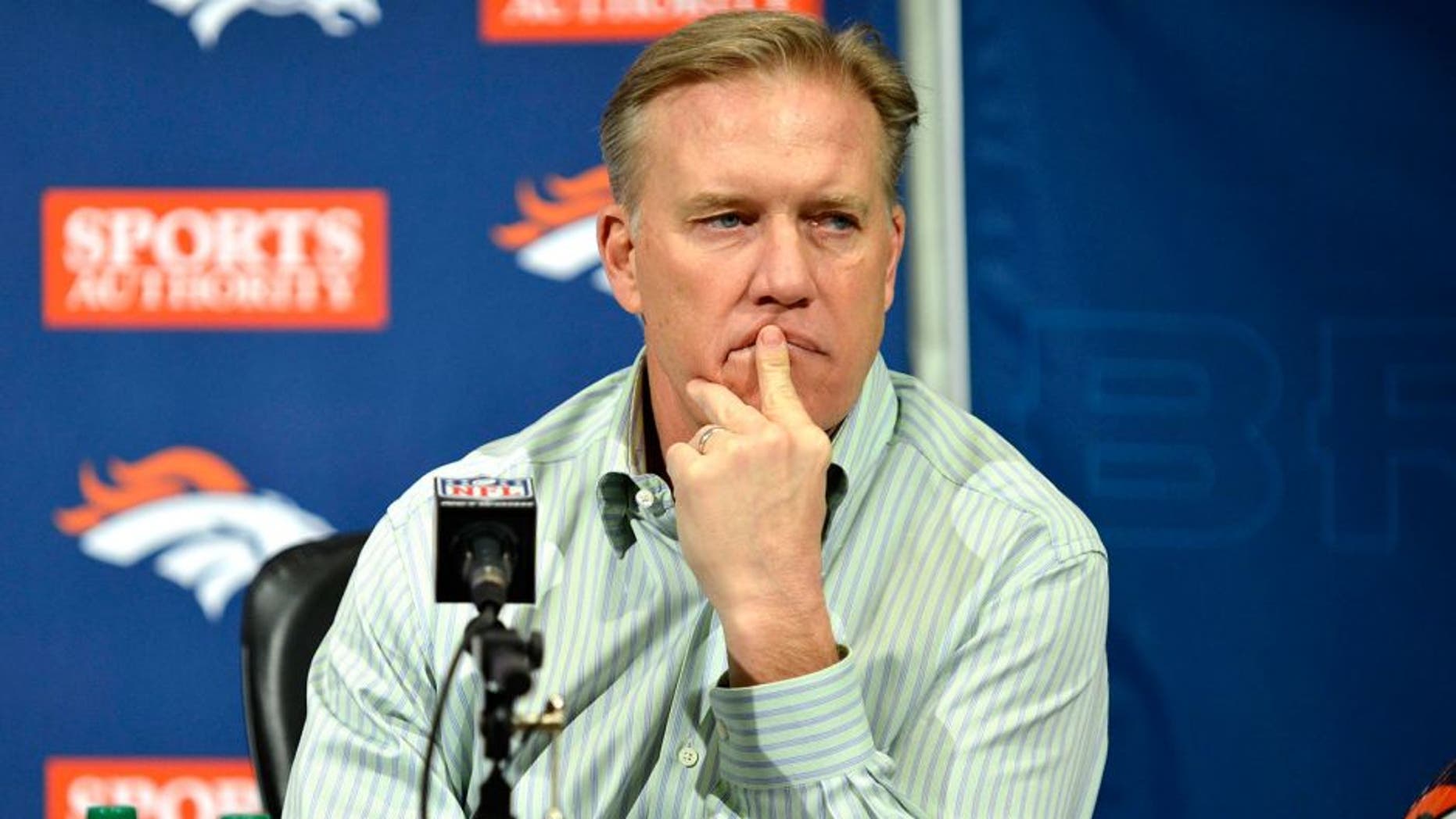 Jan 14, 2013; Englewood, CO, USA; Denver Broncos executive vice president of football operations John Elway during the press conference following the loss in the AFC divisional round playoff game at the teams training facility. Mandatory Credit: Ron Chenoy-USA TODAY Sports