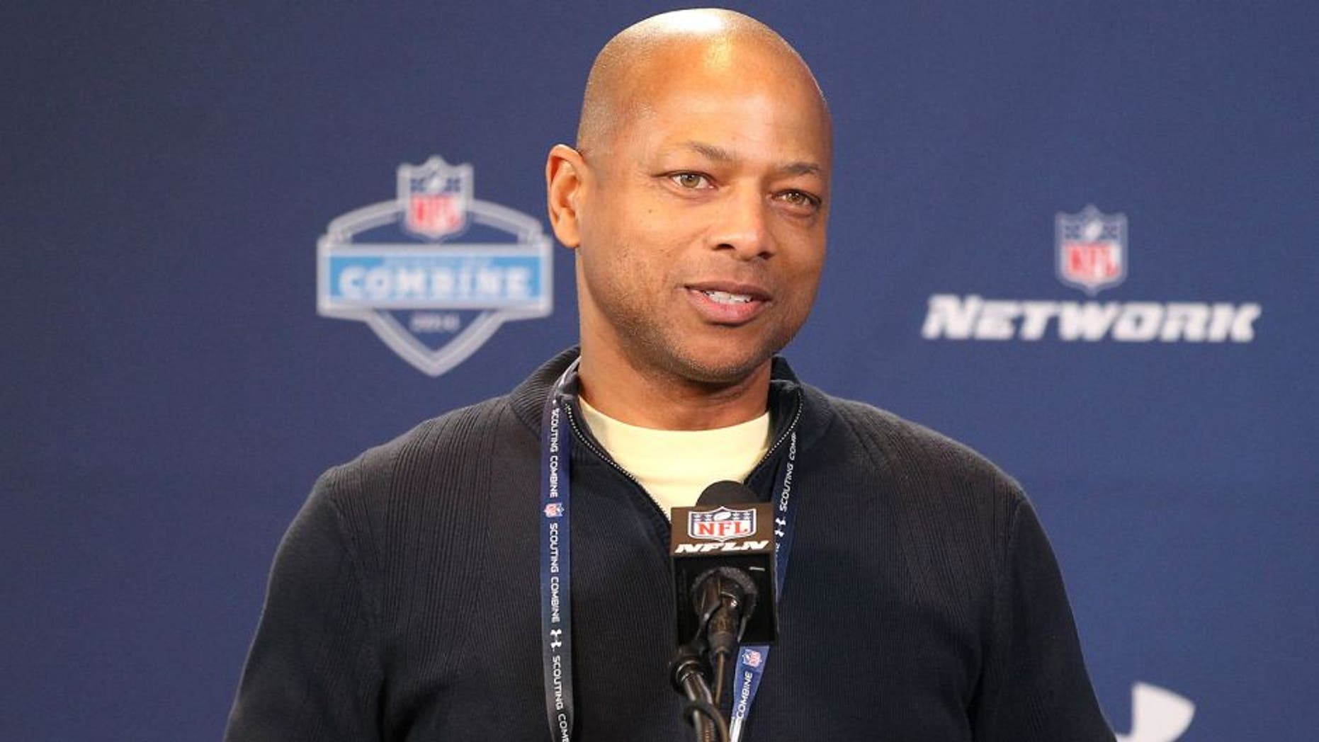 Feb 22, 2014; Indianapolis, IN, USA; New York Giants general manager Jerry Reese speaks at the NFL Combine at Lucas Oil Stadium. Mandatory Credit: Pat Lovell-USA TODAY Sports