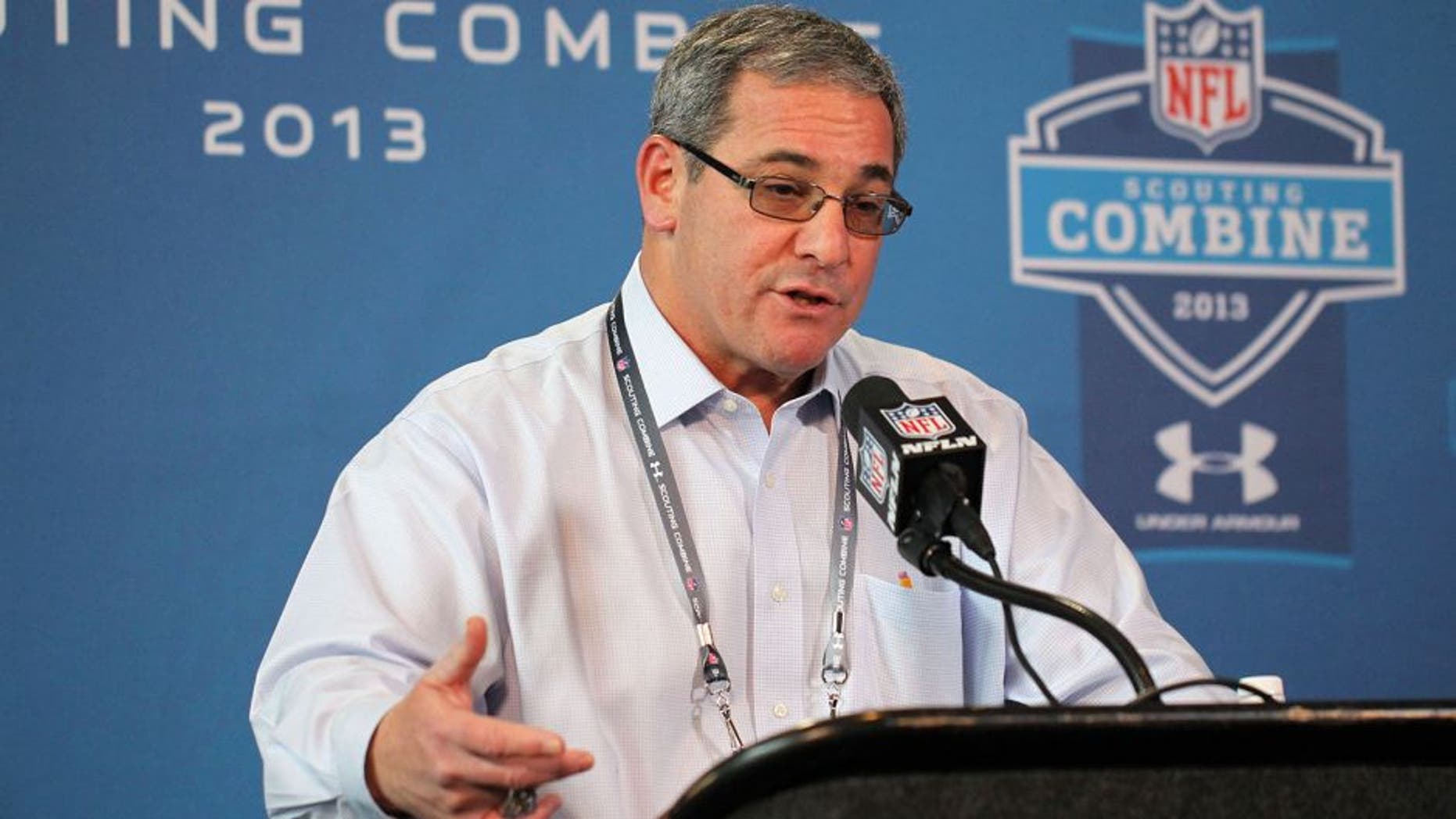 Feb 21, 2013; Indianapolis, IN, USA; Carolina Panthers general manager Dave Gettleman speaks at a press conference during the 2013 NFL Combine at Lucas Oil Stadium. Mandatory Credit: Brian Spurlock-USA TODAY Sports