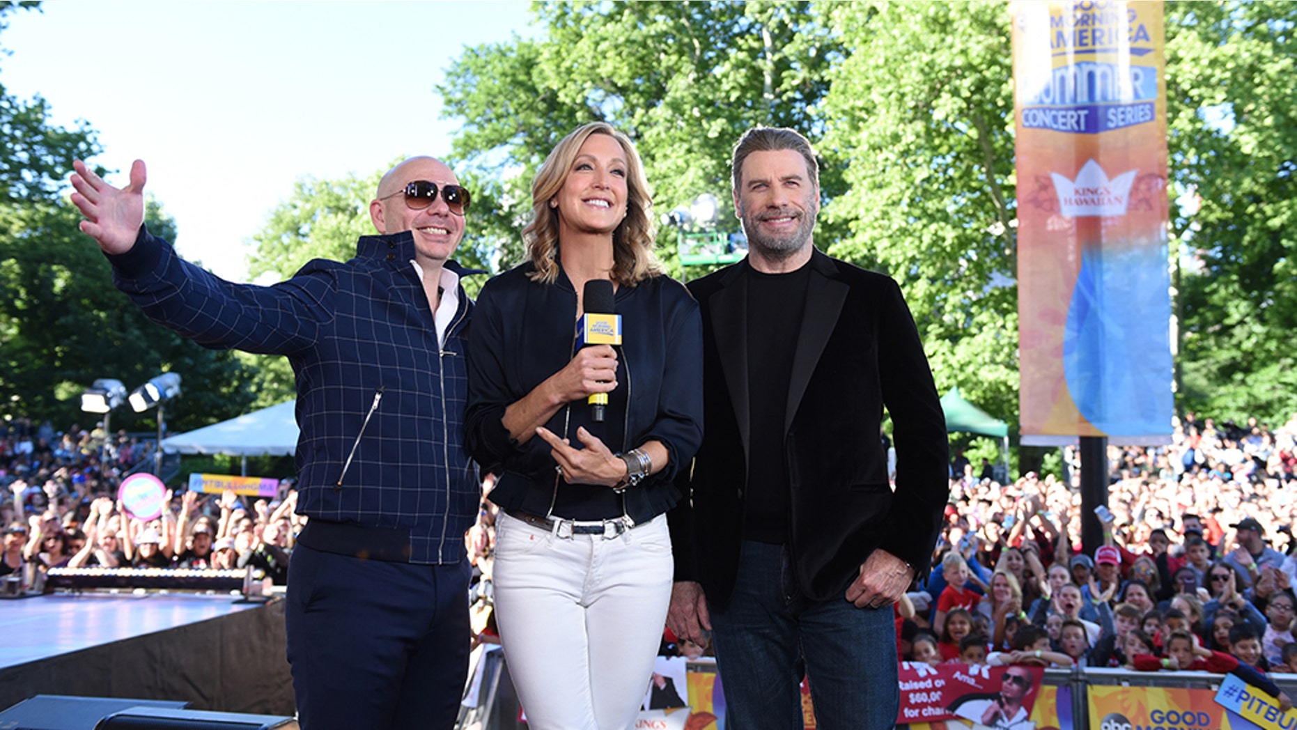 GOOD MORNING AMERICA - Pitbull performs live on "Good Morning America," as part of the GMA Summer Concert series on Friday, June 15, 2018 airing on the ABC Television Network. GMA18
(ABC/Paula Lobo)
PITBULL, LARA SPENCER, JOHN TRAVOLTA