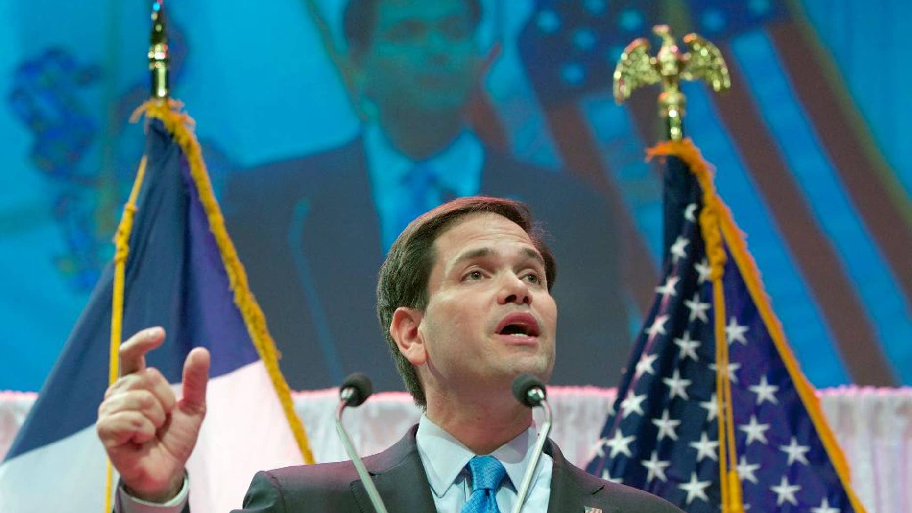 Republican presidential hopeful Sen. Marco Rubio, R-Fla. speaks at the Iowa Faith & Freedom 15th Annual Spring Kick Off, in Waukee, Iowa, Saturday, April 25, 2015. (AP Photo/Nati Harnik)