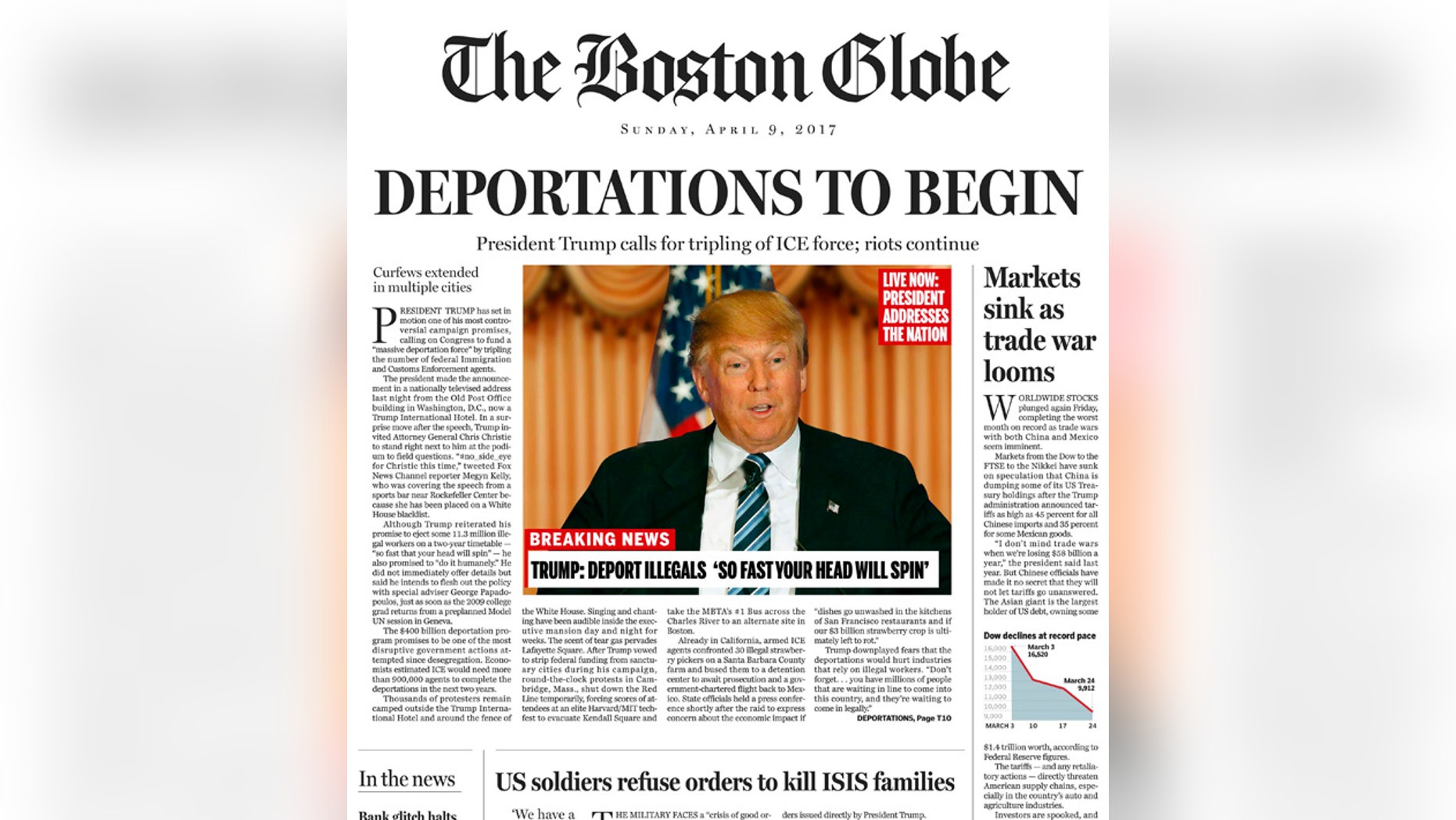 A portion of a satirical front page of The Boston Globe published on Saturday, April 9, 2016.
