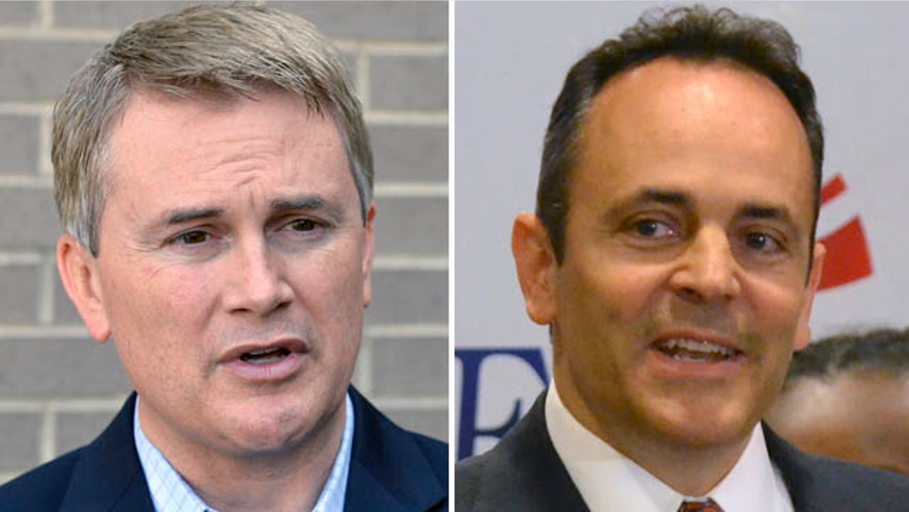 May 19, 2015: These photos show Kentucky Republican gubernatorial candidate James Comer, left, and Matt Bevin, who are locked in a tight race to decide who will represent the Republican party in November's election against Democratic nominee Jack Conway.(AP Photo/Timothy D. Easley)