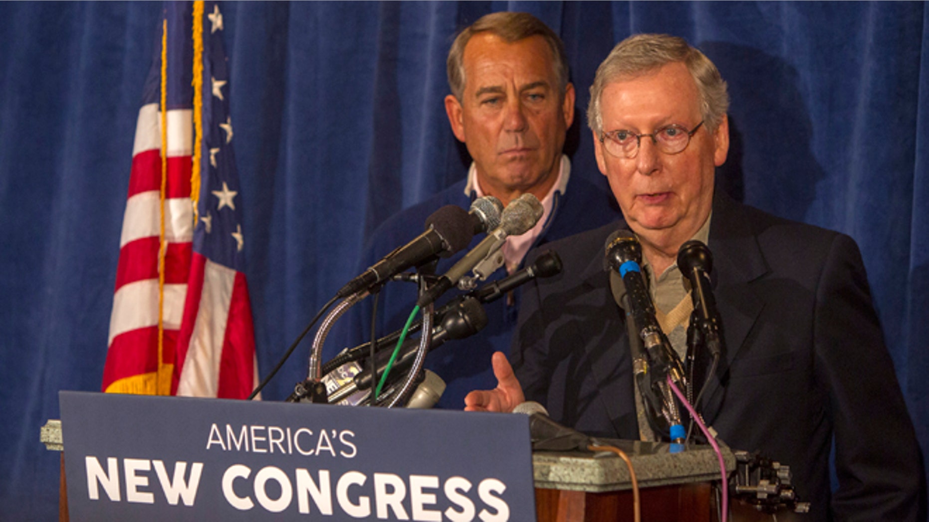 House Speaker John Boehner, left, and Senate Majority Leader Mitch McConnell meet with the press at the GOP retreat at the Hershey Lodge in Hershey, Pa., Thursday, Jan. 15, 2015. (AP Photo/PennLive.com, Mark Pynes )