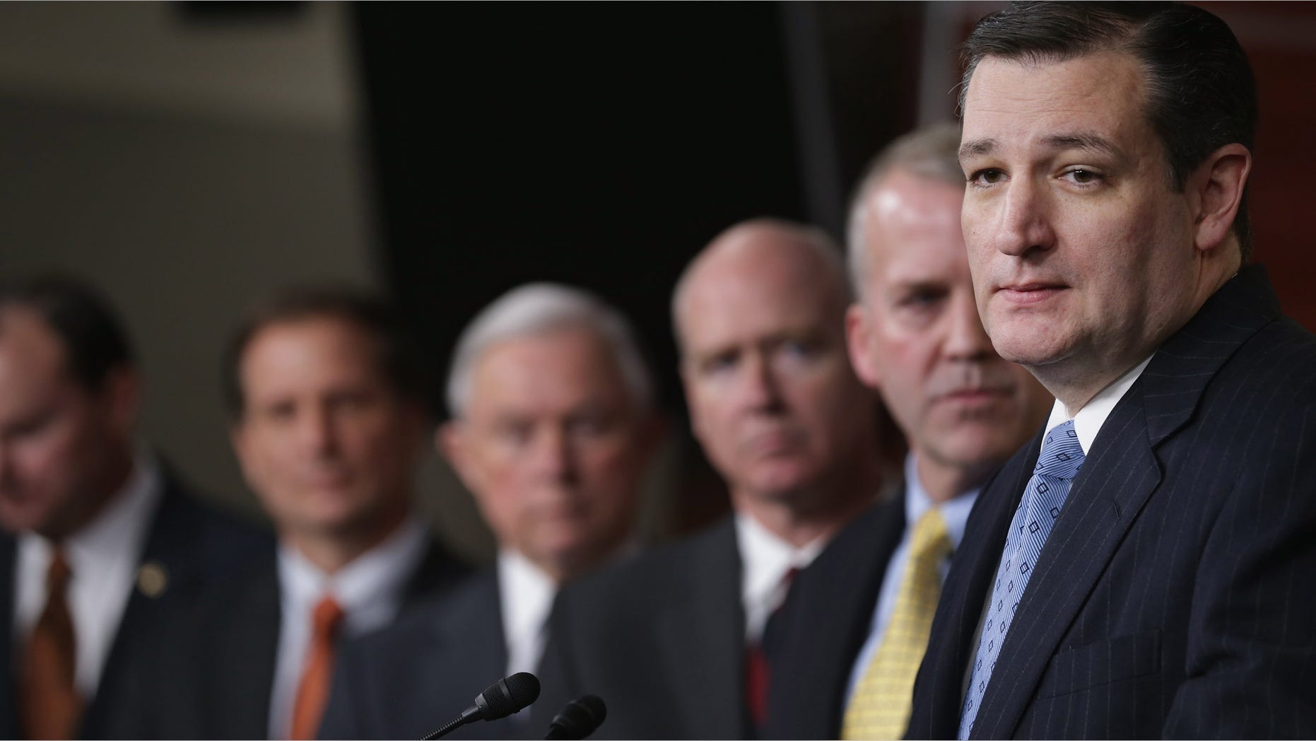 WASHINGTON, DC - FEBRUARY 12: Sen. Ted Cruz (R-TX) speaks during news conference where a bicameral group of Congressional Republicans called for Senate Democrats to vote on funding for the Department of Homeland Security February 12, 2015 in Washington, DC. Funding for the department as been tied up with legislation that would roll back President Barack Obama's executive order on immigratoin. (Photo by Chip Somodevilla/Getty Images)