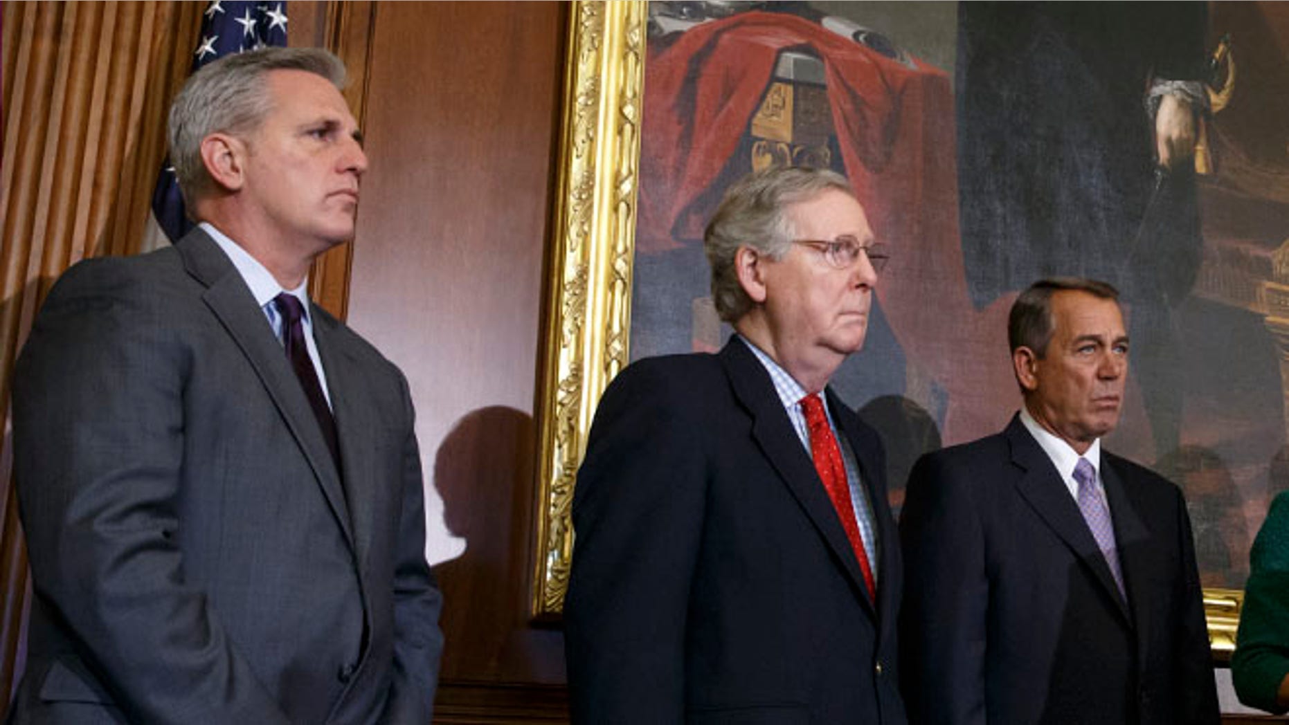 FILE: Feb. 13, 2015: From left House Majority Leader Kevin McCarthy, Senate Majority Leader Mitch McConnell and House Speaker John Boehner on Capitol Hill in Washington, D.C.