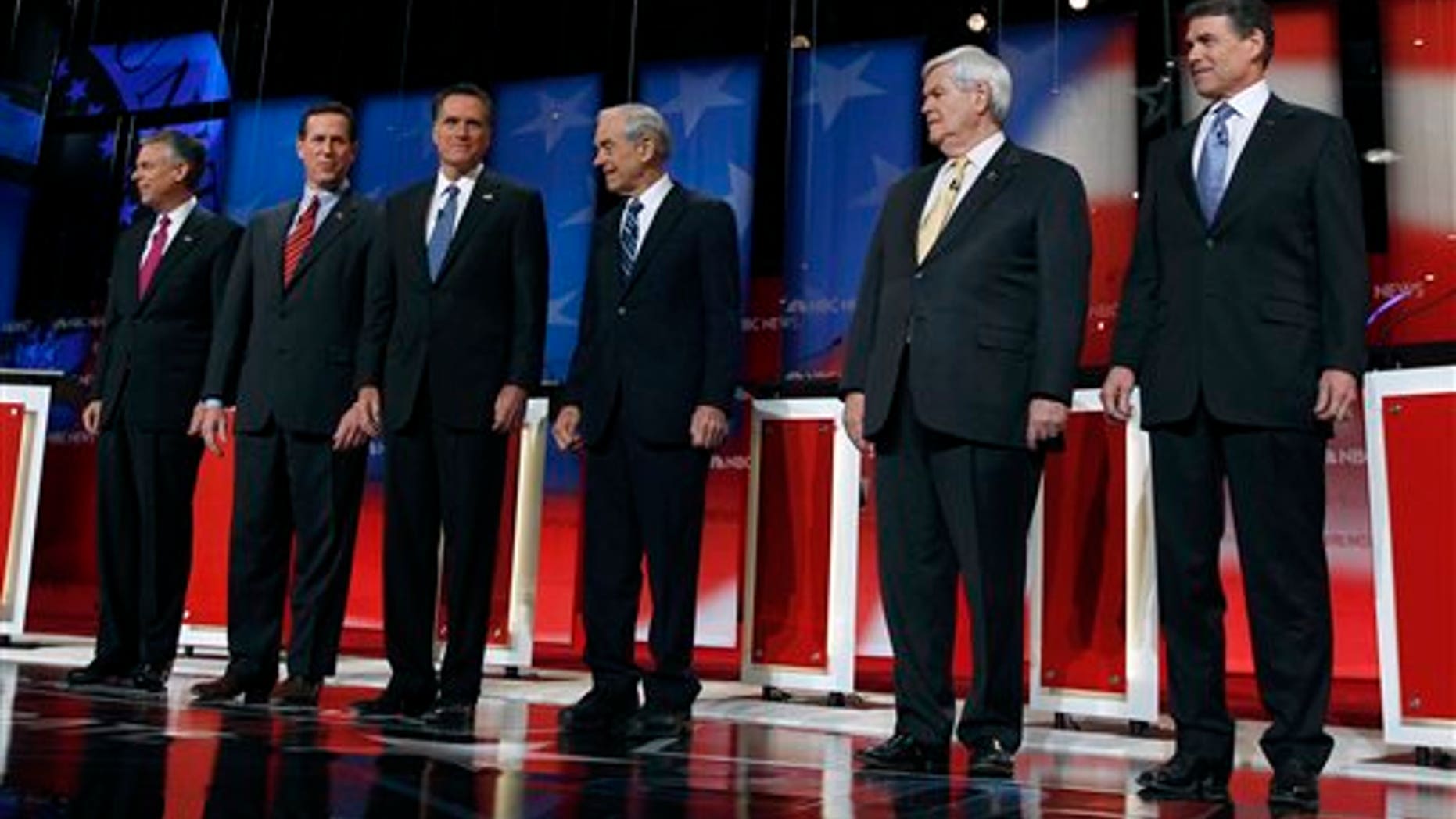 jan. 8, 2012: Jon Huntsman, Rick Santorum, Mitt Romney, Ron Paul, Newt Gingrich and Rick Perry are introduced at a Republican prsidential candidate debate in Concord, N.H.
