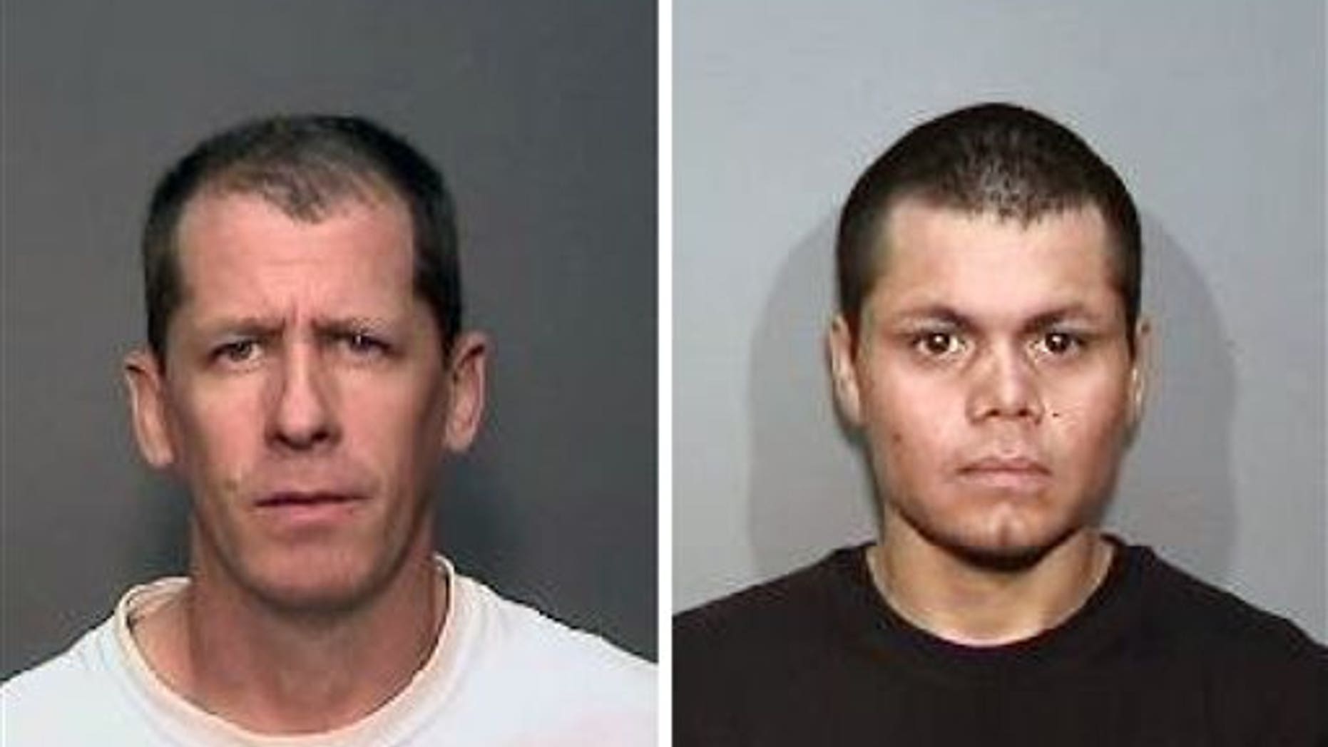 CORRECTS FIRST NAME TO STEVEN-This combination of undated photos from the Megan's Law website shows suspects, Steven Dean Gordon, 45, left, and Franc Cano, 27, who were arrested on Friday, April 11, 2014, on suspicion of killing four women in Orange County, Calif. Anaheim police said detectives in Santa Ana and Anaheim launched a joint investigation after the naked body of Jarrae Nykkole Estepp, 21, was found in the conveyor belt of a recycling plant last month. The probe led detectives to connect the men to her slaying, and the disappearance of three women who frequented a Santa Ana neighborhood known for drug dealing and prostitution. (AP Photo/Megan's Law)