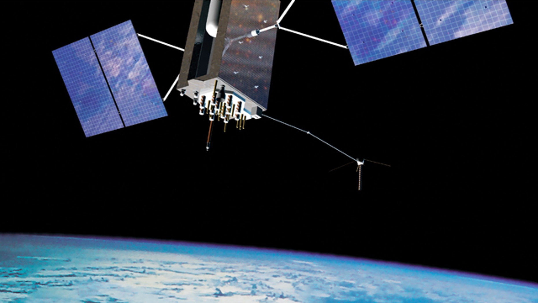 An illustration of a GPS satellite, silenting orbiting the Earth.