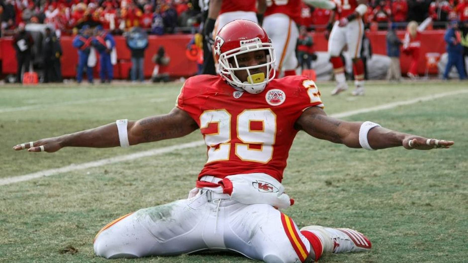 KANSAS CITY, MO - JANUARY 09: Safety Eric Berry #29 of the Kansas City Chiefs celebrates after breaking up a pass to tight end Todd Heap #86 of the Baltimore Ravens in the endzone during their 2011 AFC wild card playoff game at Arrowhead Stadium on January 9, 2011 in Kansas City, Missouri. (Photo by Doug Pensinger/Getty Images)