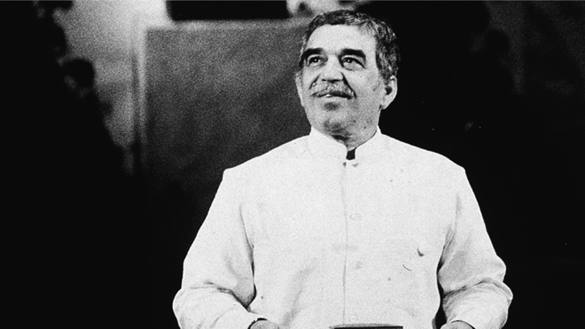 Garcia Marquez speaks at a podium after receiving the Nobel Prize in Literature, Sweden, 1982.